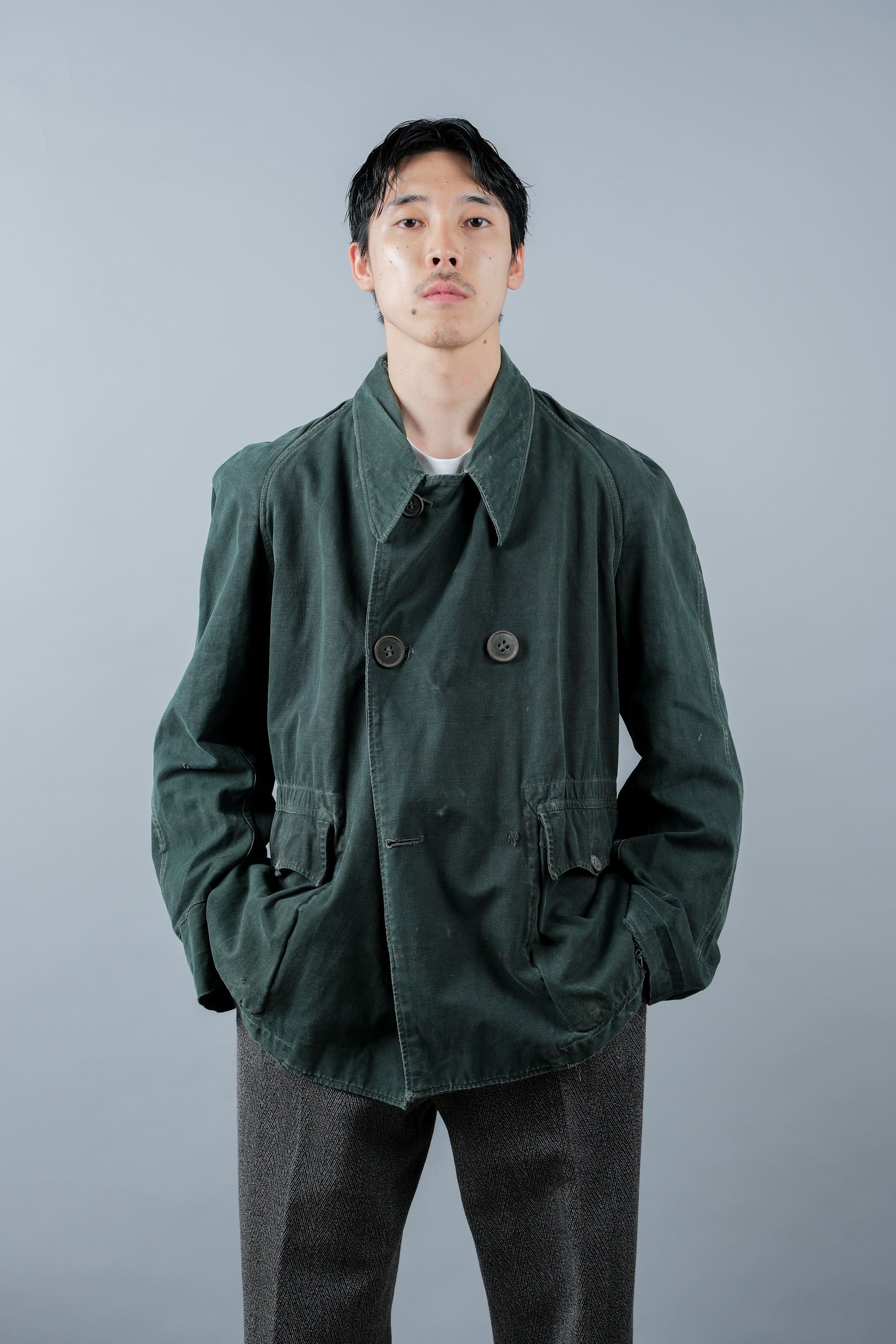 ［~40's］WWII French CJF Green Cotton Linen Double Breasted Jacket "Modified"