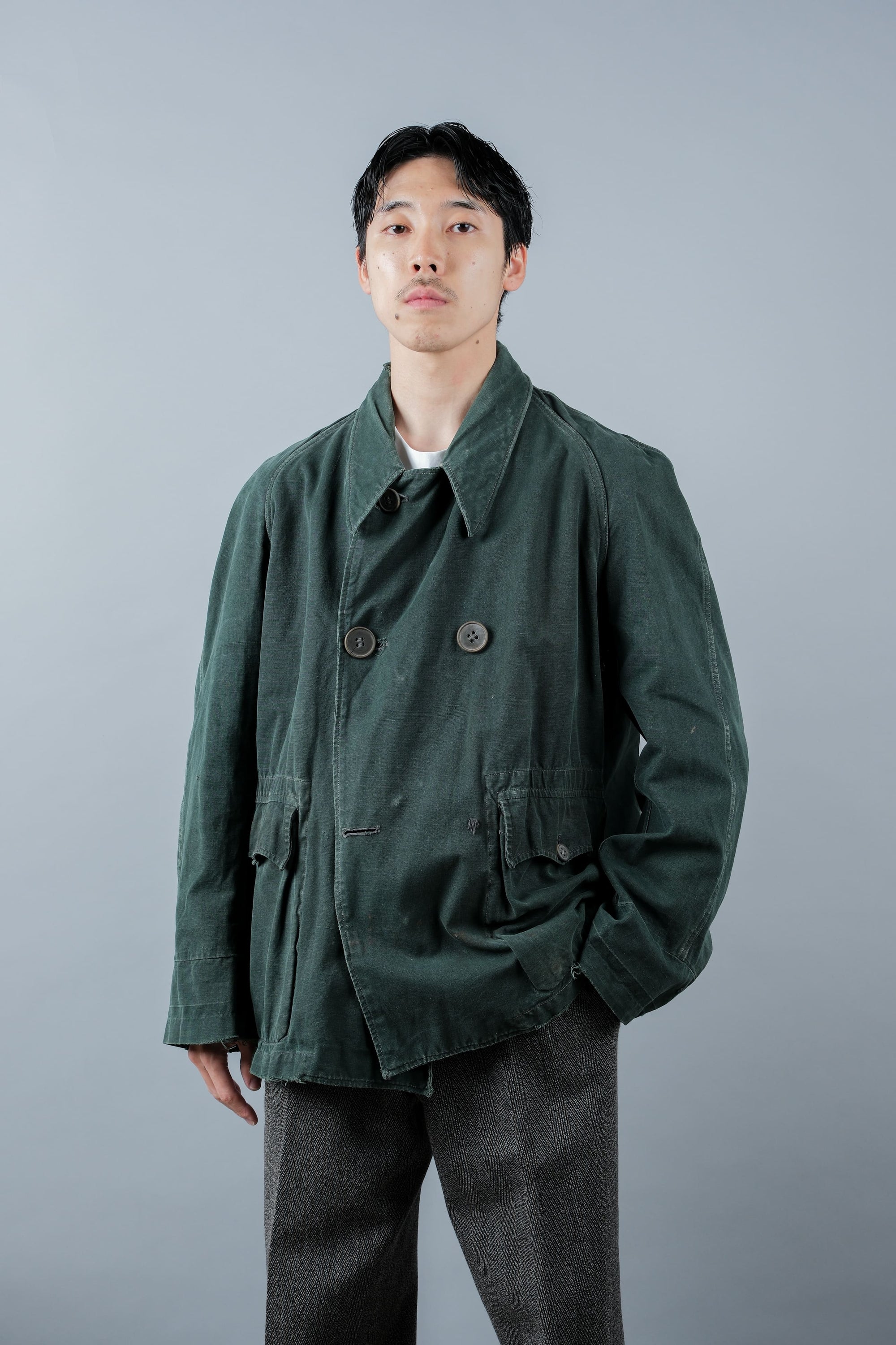 ［~40's］WWII French CJF Green Cotton Linen Double Breasted Jacket "Modified"