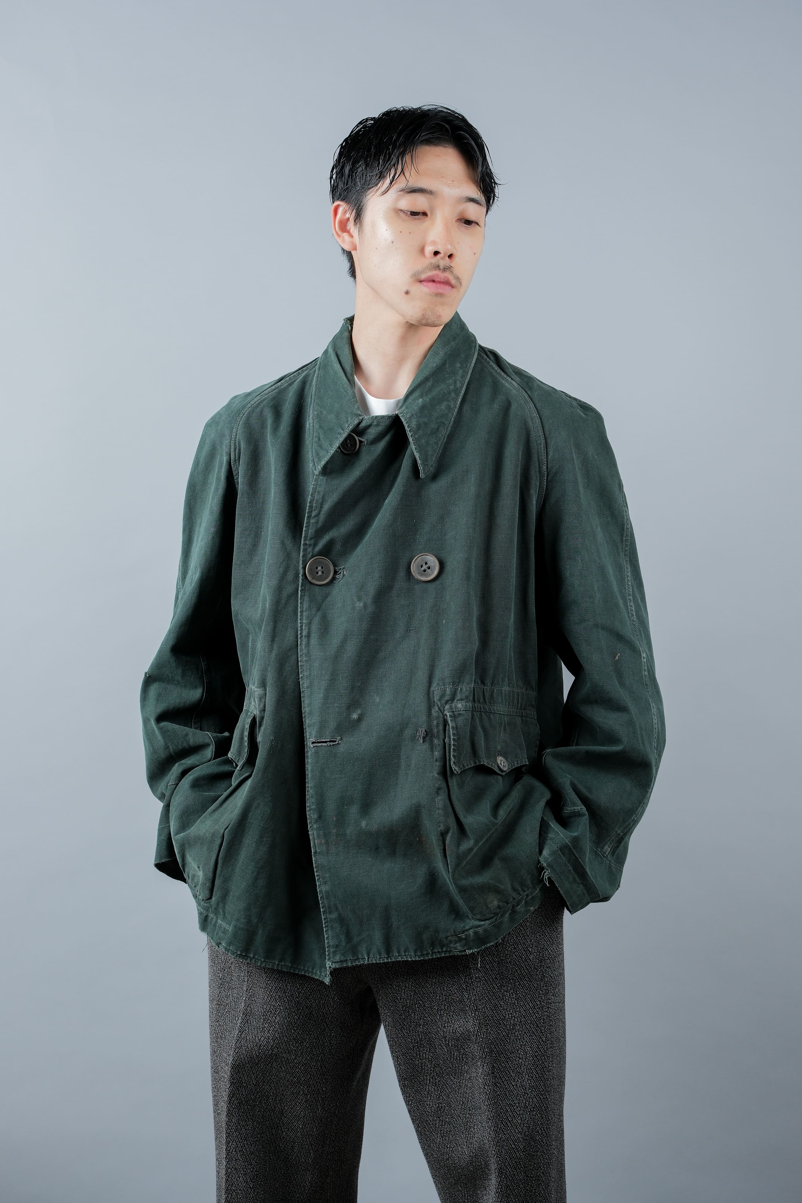 [~ 40's] WWII French CJF Green Cotton Linen Linen Double Breasted Jacket "Modified"