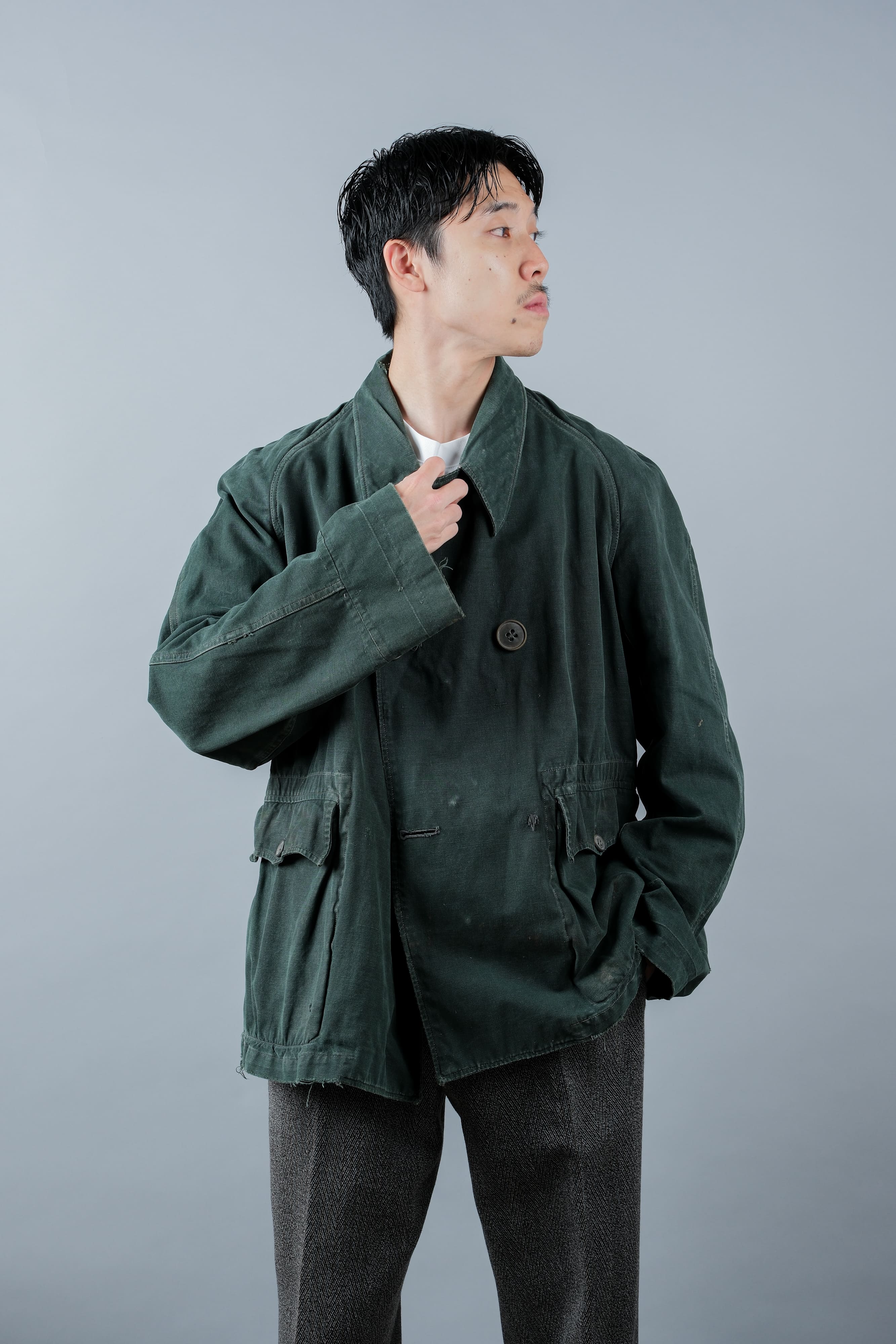 [~ 40's] WWII French CJF Green Cotton Linen Linen Double Breasted Jacket "Modified"