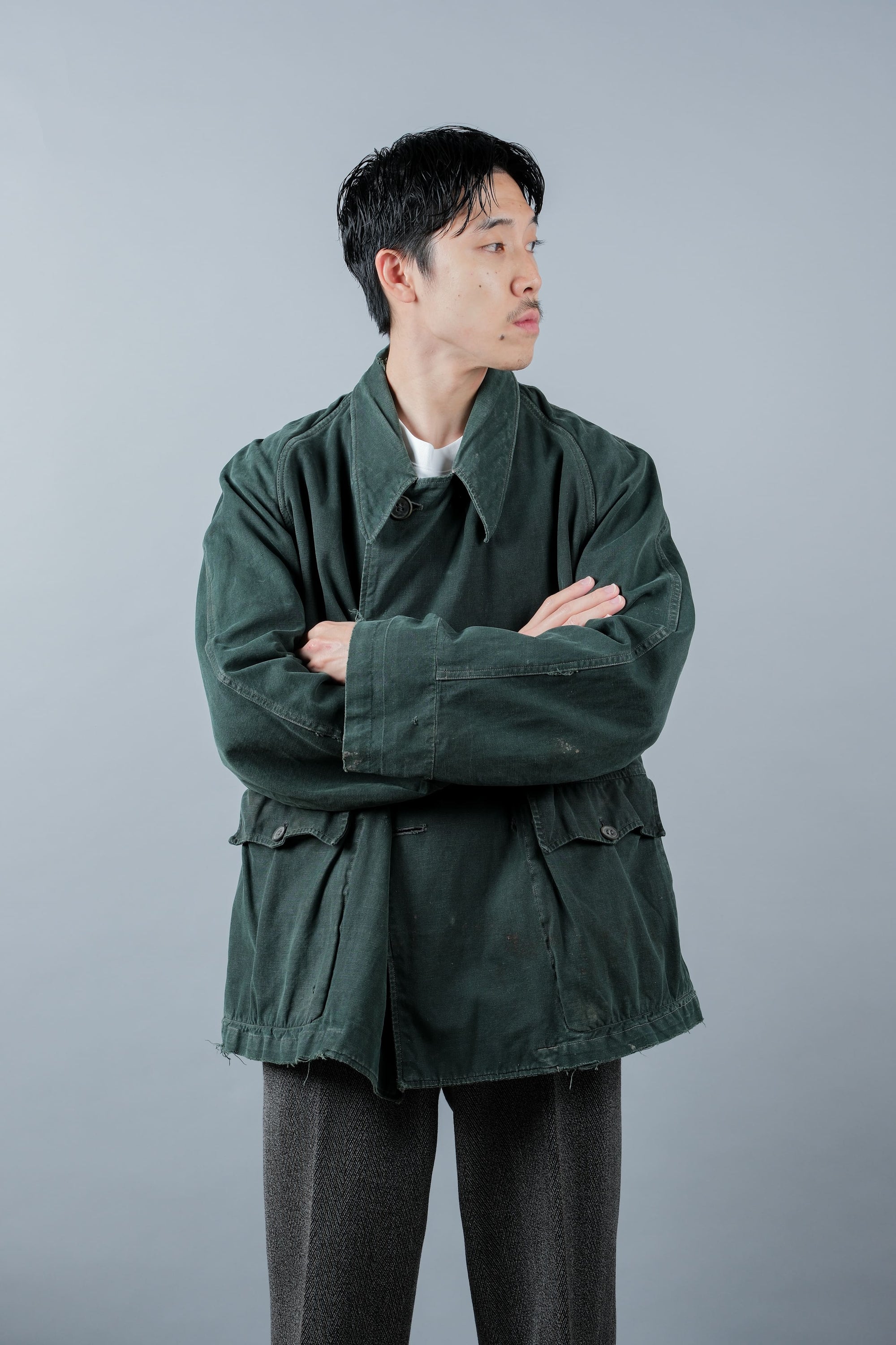 ［~40's］WWII French CJF Green Cotton Linen Double Breasted Jacket "Modified"