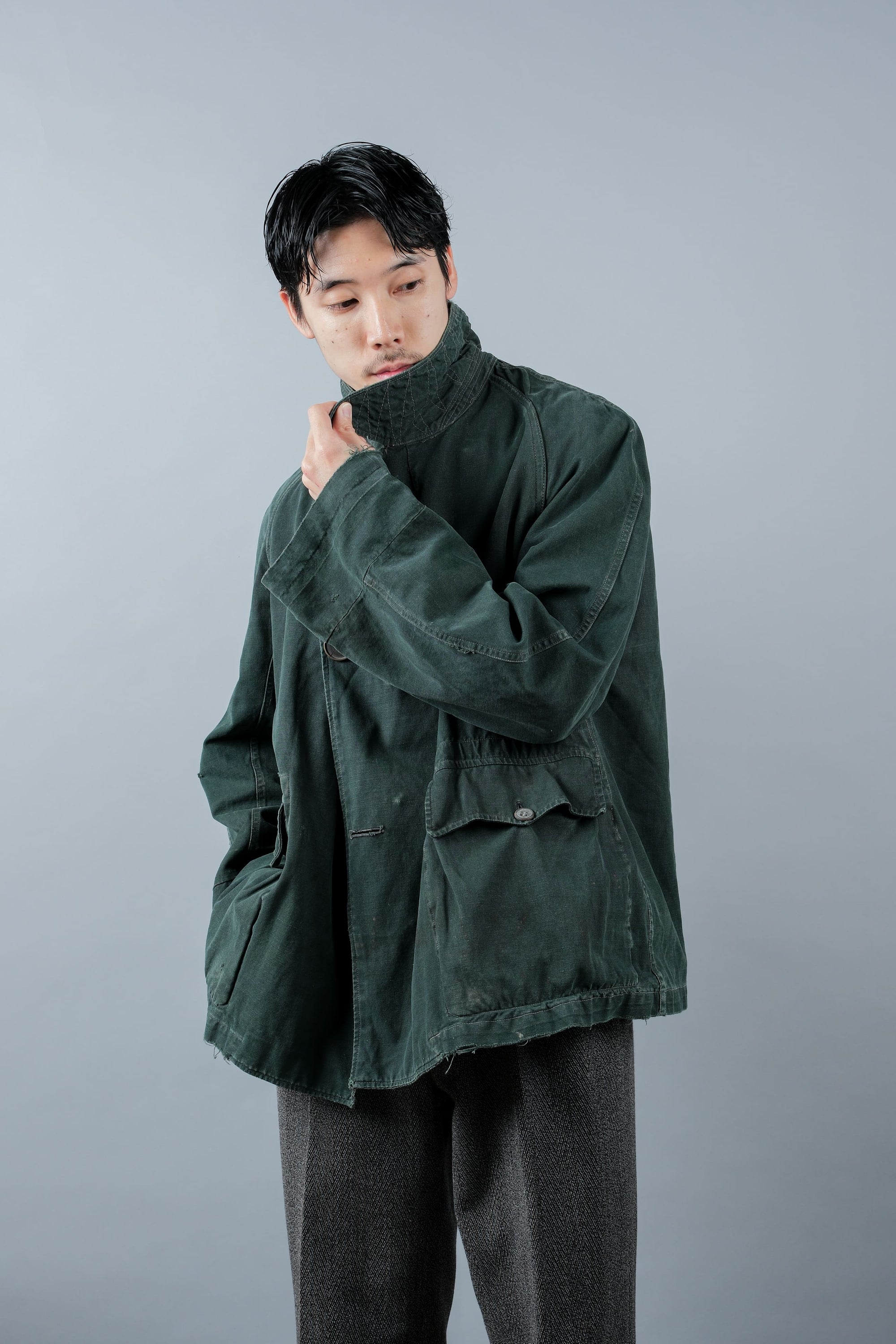 ［~40's］WWII French CJF Green Cotton Linen Double Breasted Jacket "Modified"