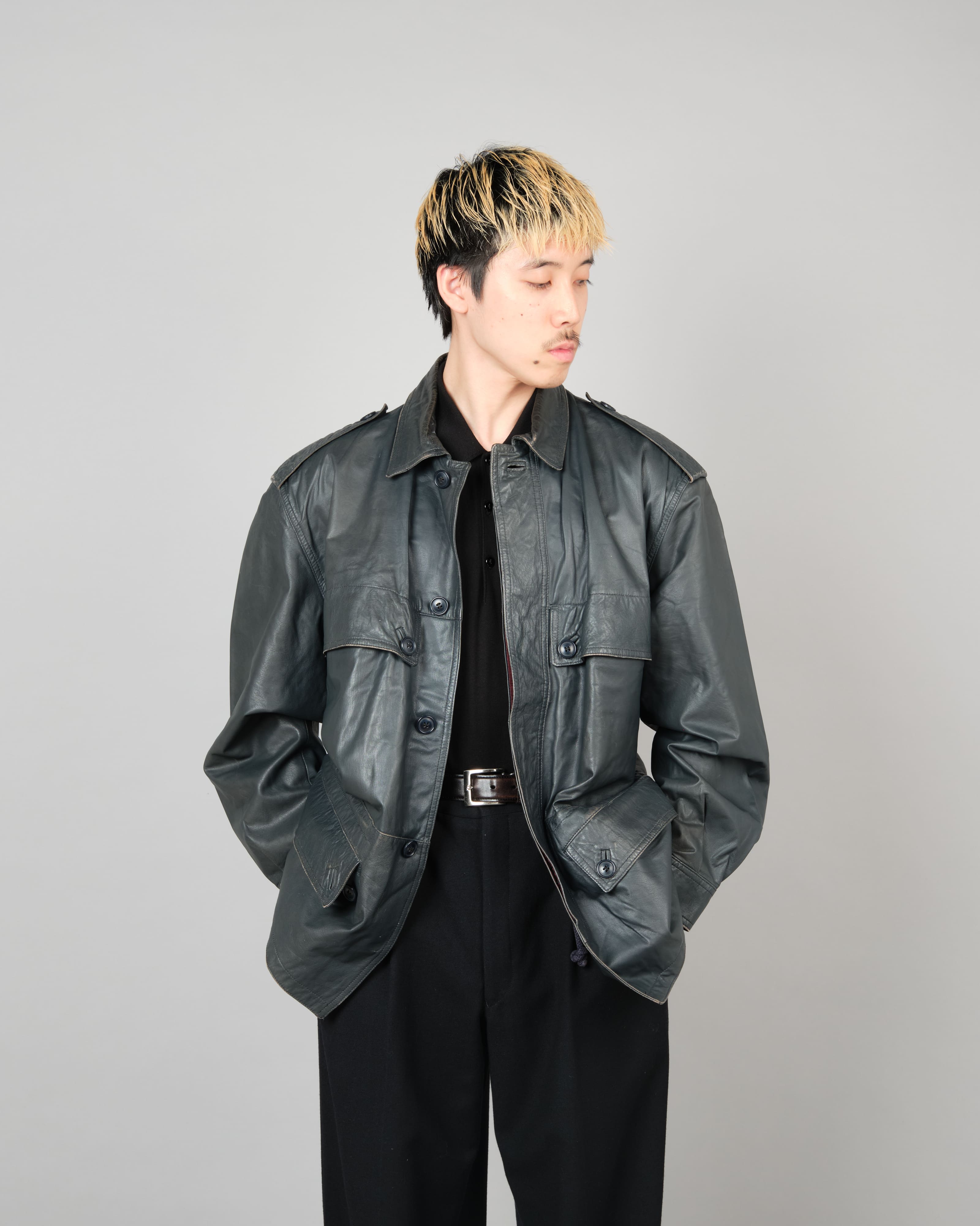 [~70's] Old GUCCI Military Style 4 Pockets Leather Jacket Size.50
