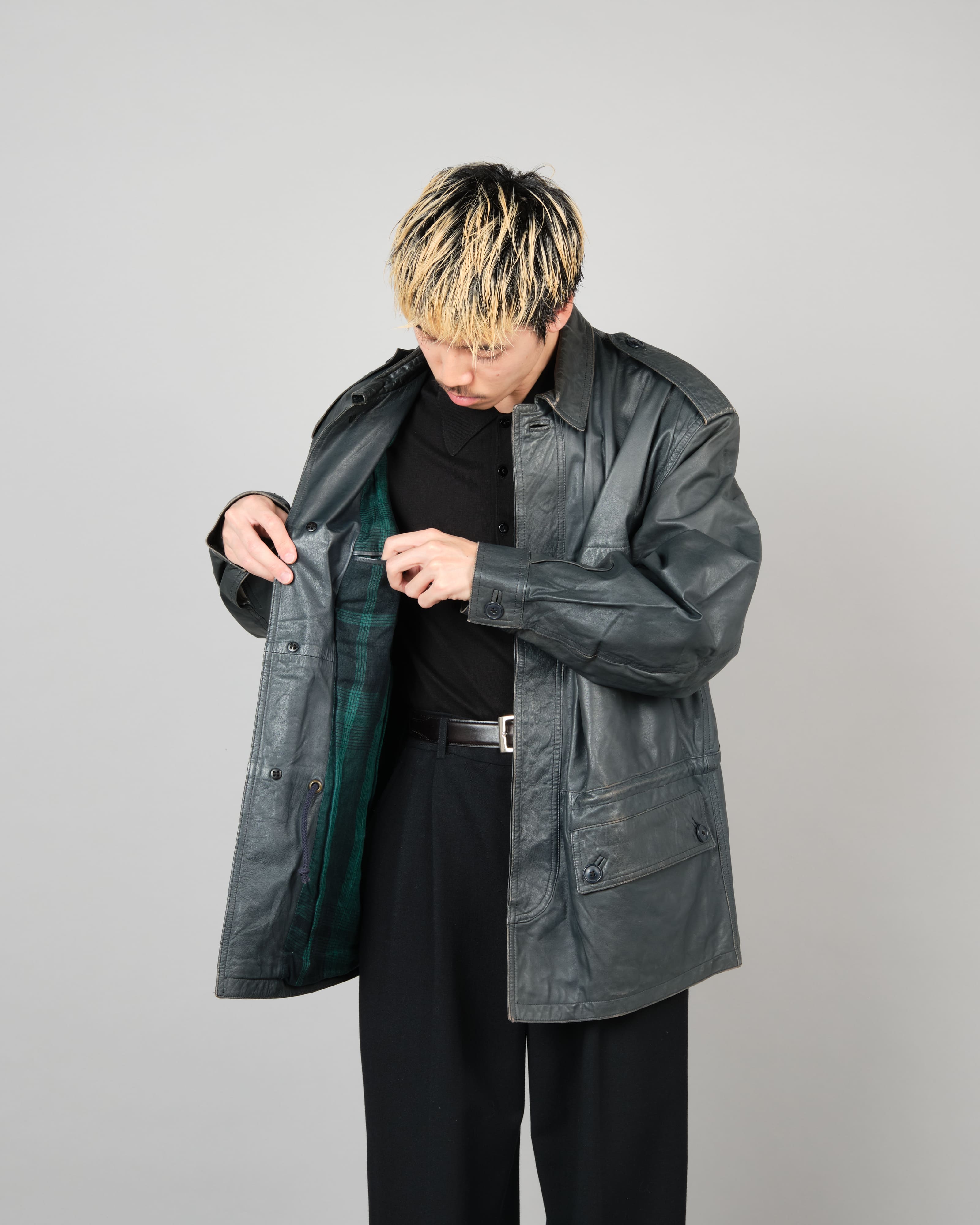 [~70's] Old GUCCI Military Style 4 Pockets Leather Jacket Size.50