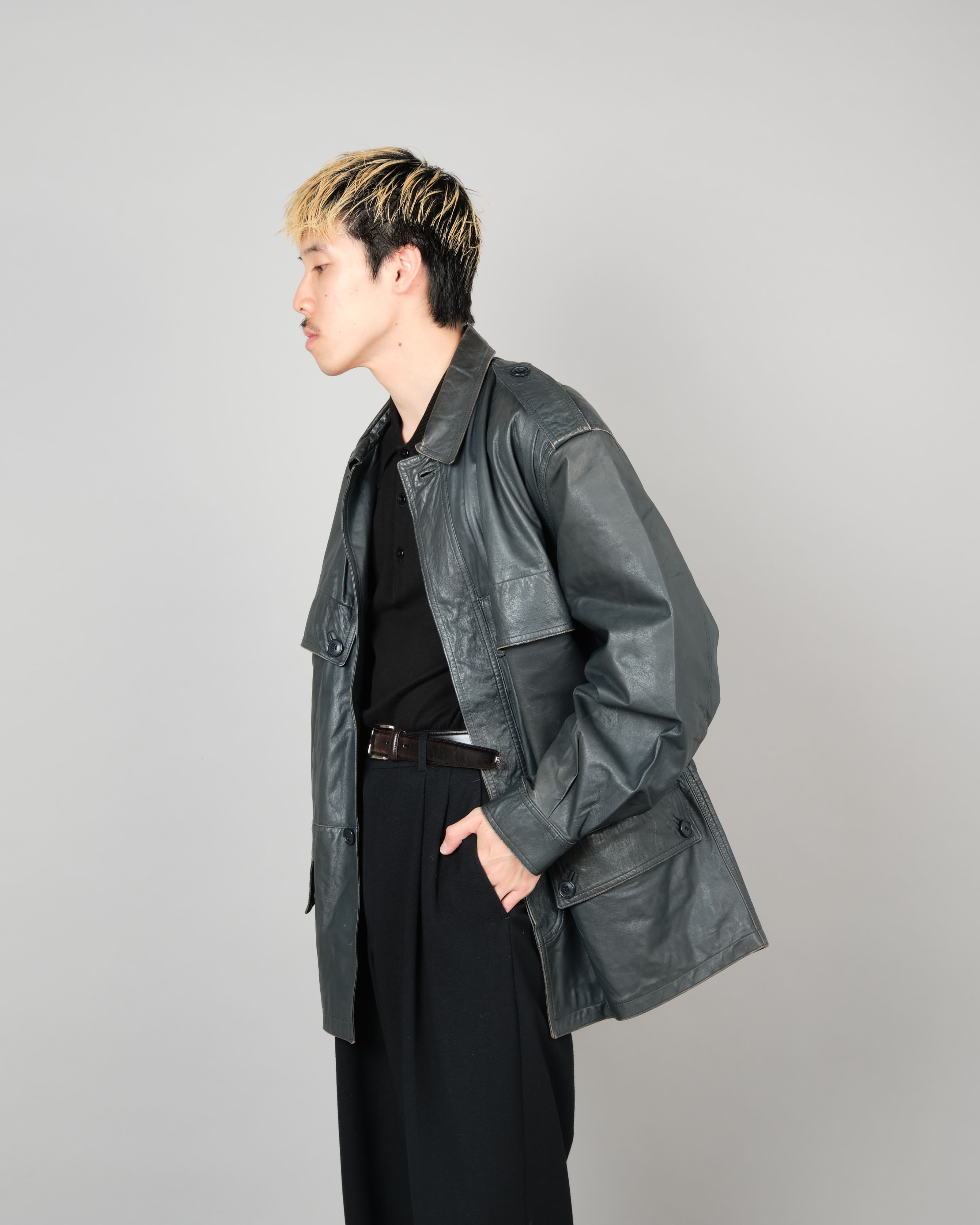 [~70's] Old GUCCI Military Style 4 Pockets Leather Jacket Size.50
