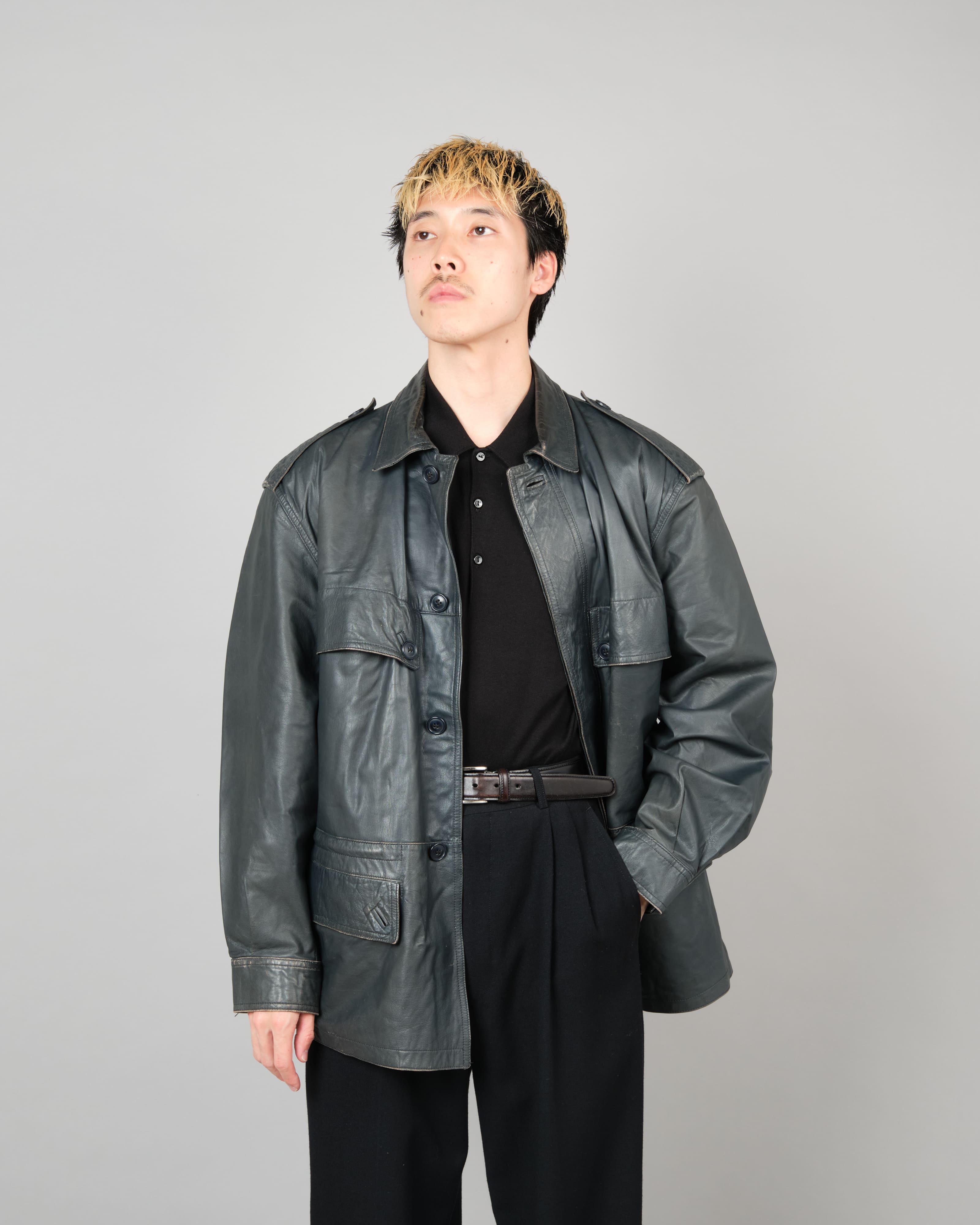 [~70's] Old GUCCI Military Style 4 Pockets Leather Jacket Size.50