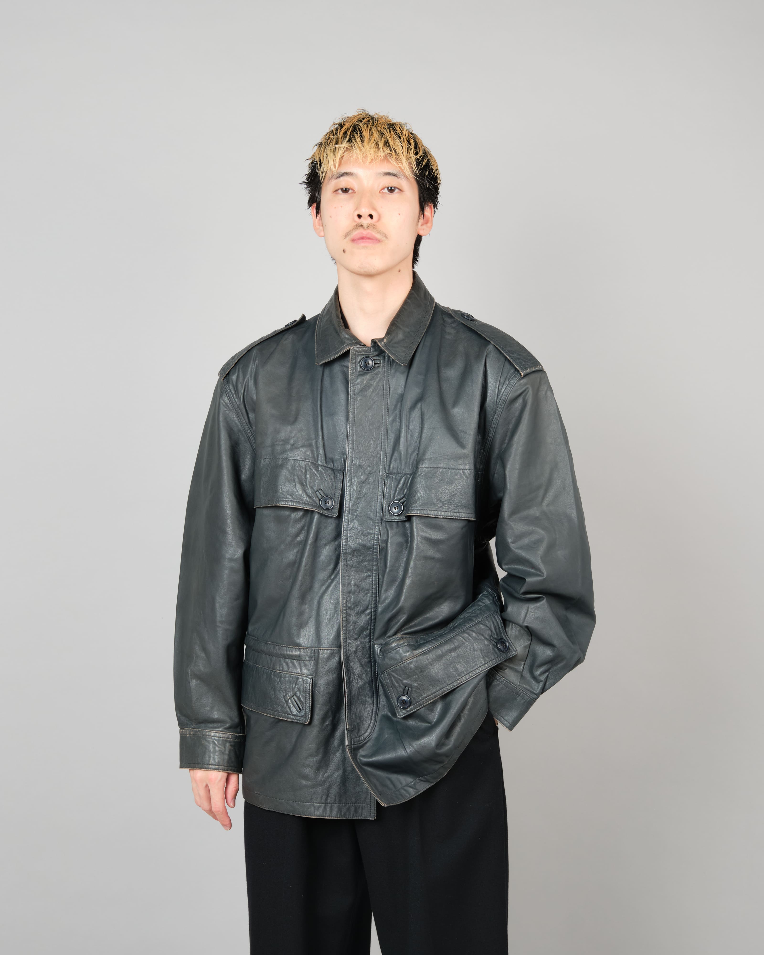 [~70's] Old GUCCI Military Style 4 Pockets Leather Jacket Size.50