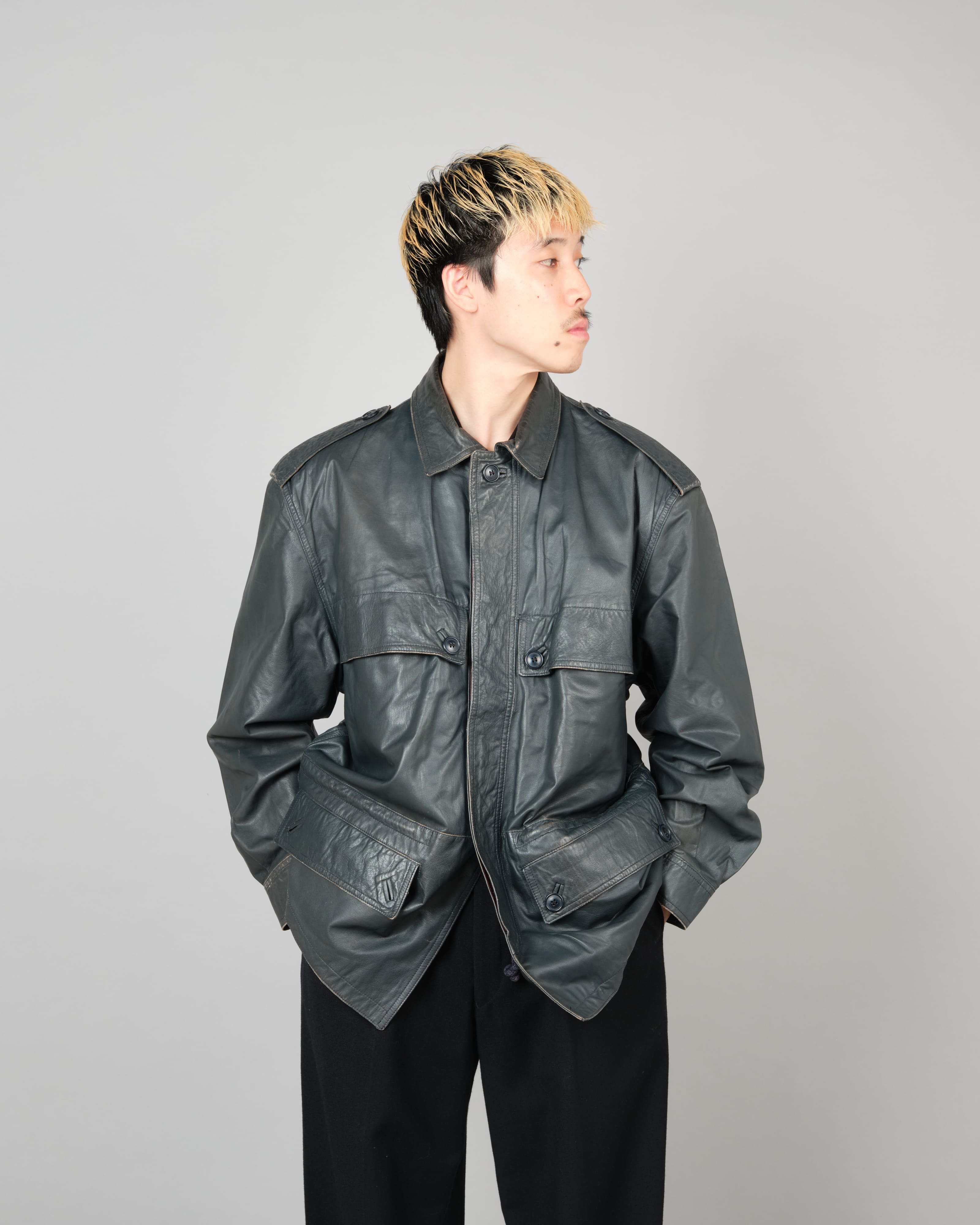 [~70's] Old GUCCI Military Style 4 Pockets Leather Jacket Size.50