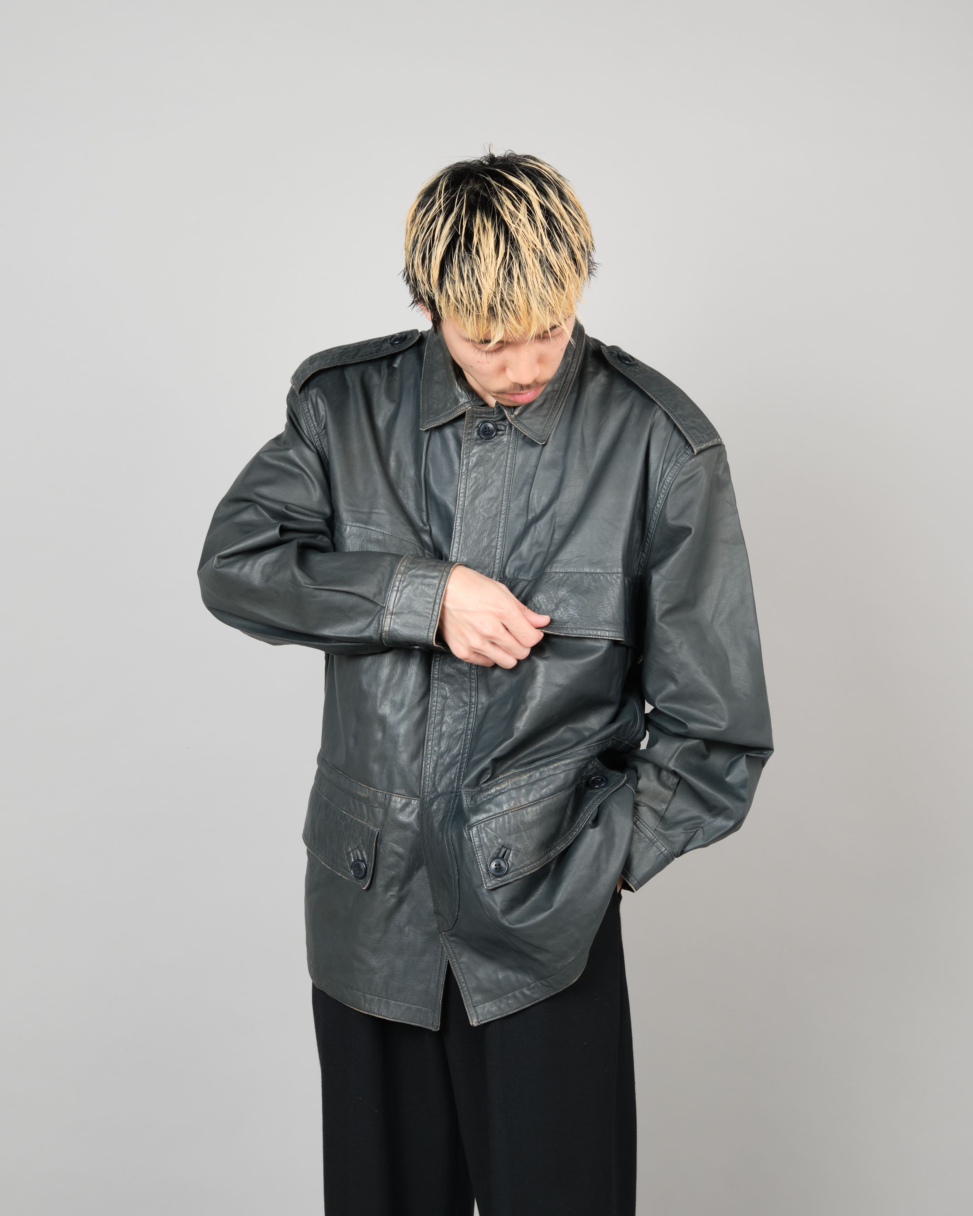 [~70's] Old GUCCI Military Style 4 Pockets Leather Jacket Size.50