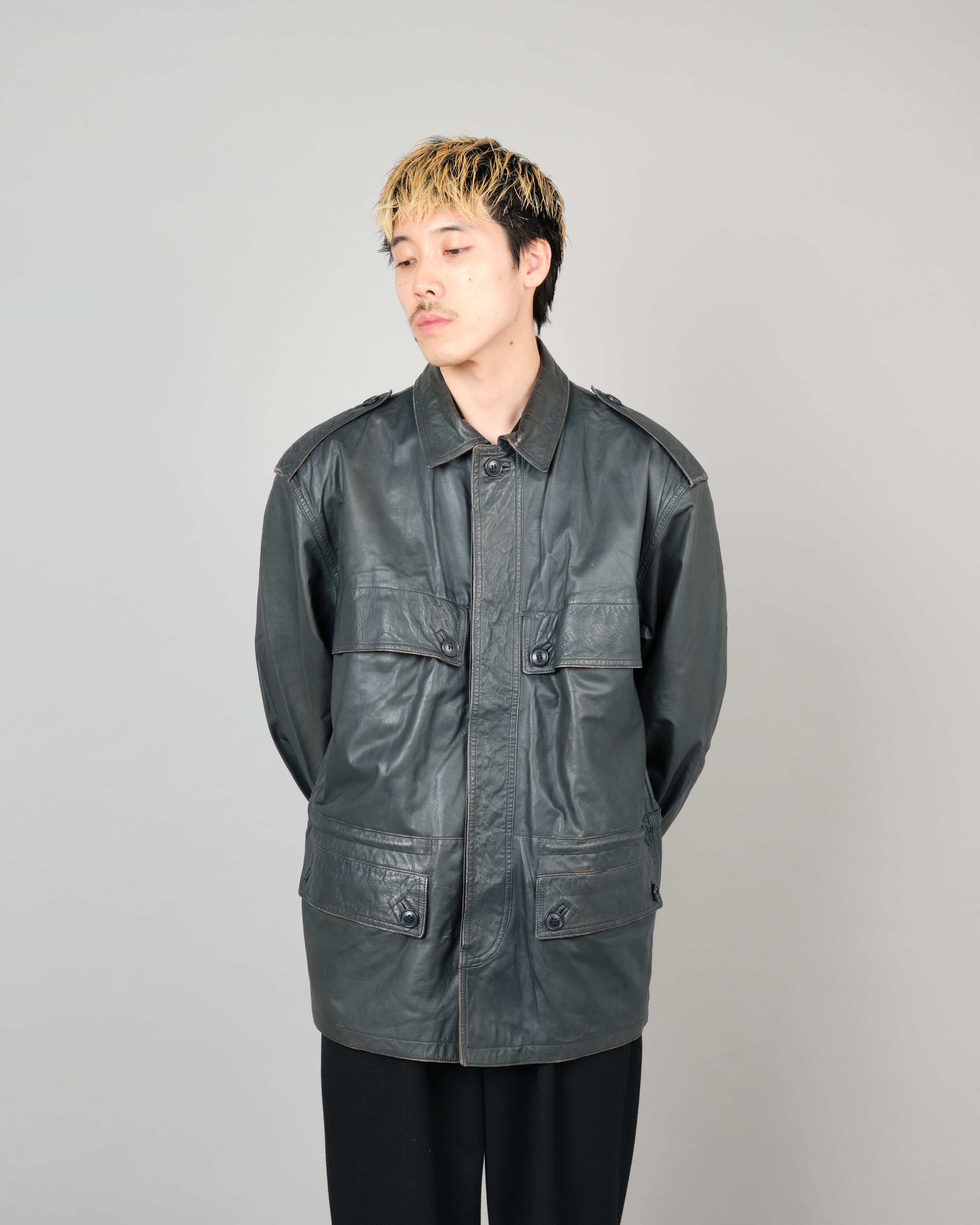 [~70's] Old GUCCI Military Style 4 Pockets Leather Jacket Size.50