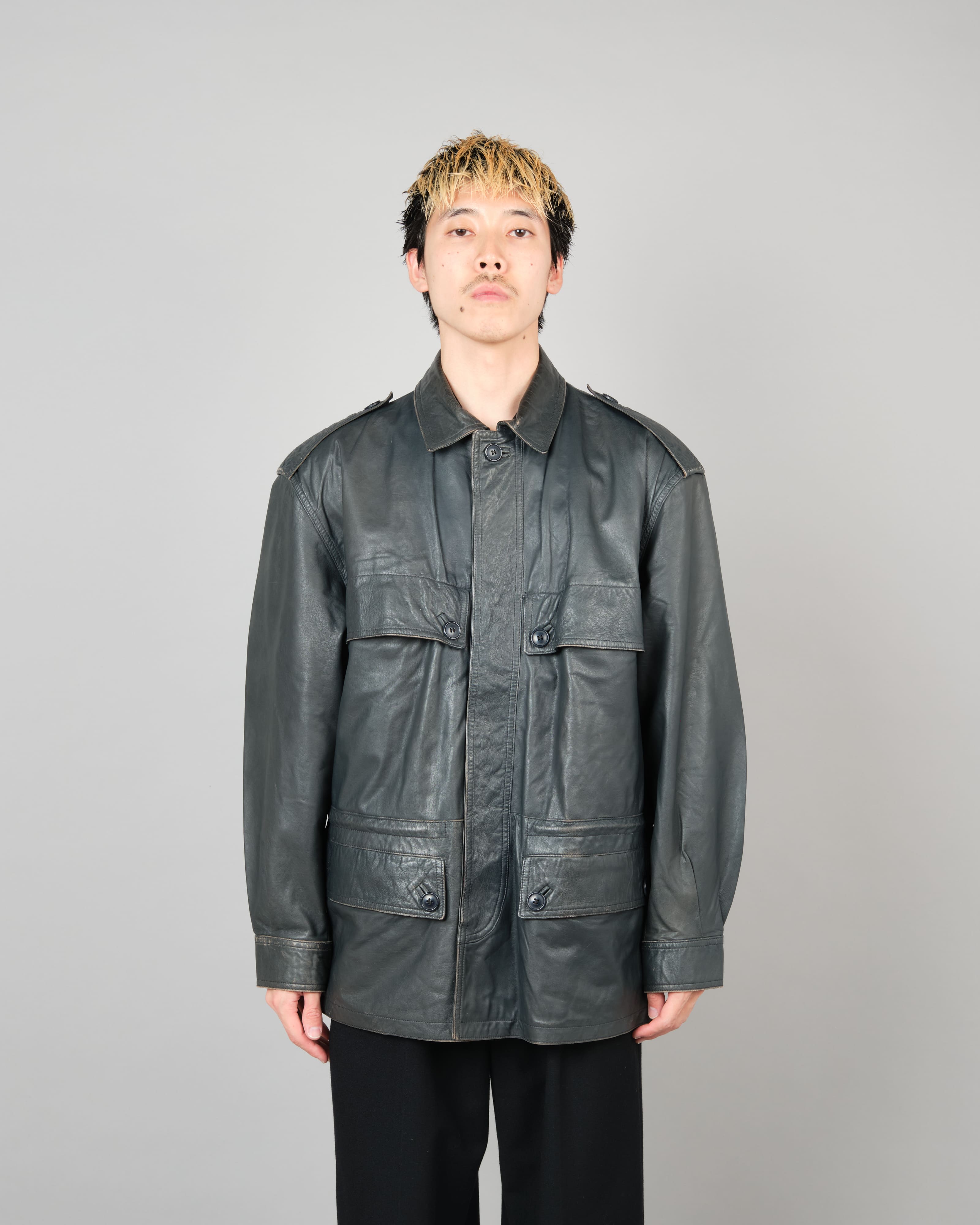 [~70's] Old GUCCI Military Style 4 Pockets Leather Jacket Size.50