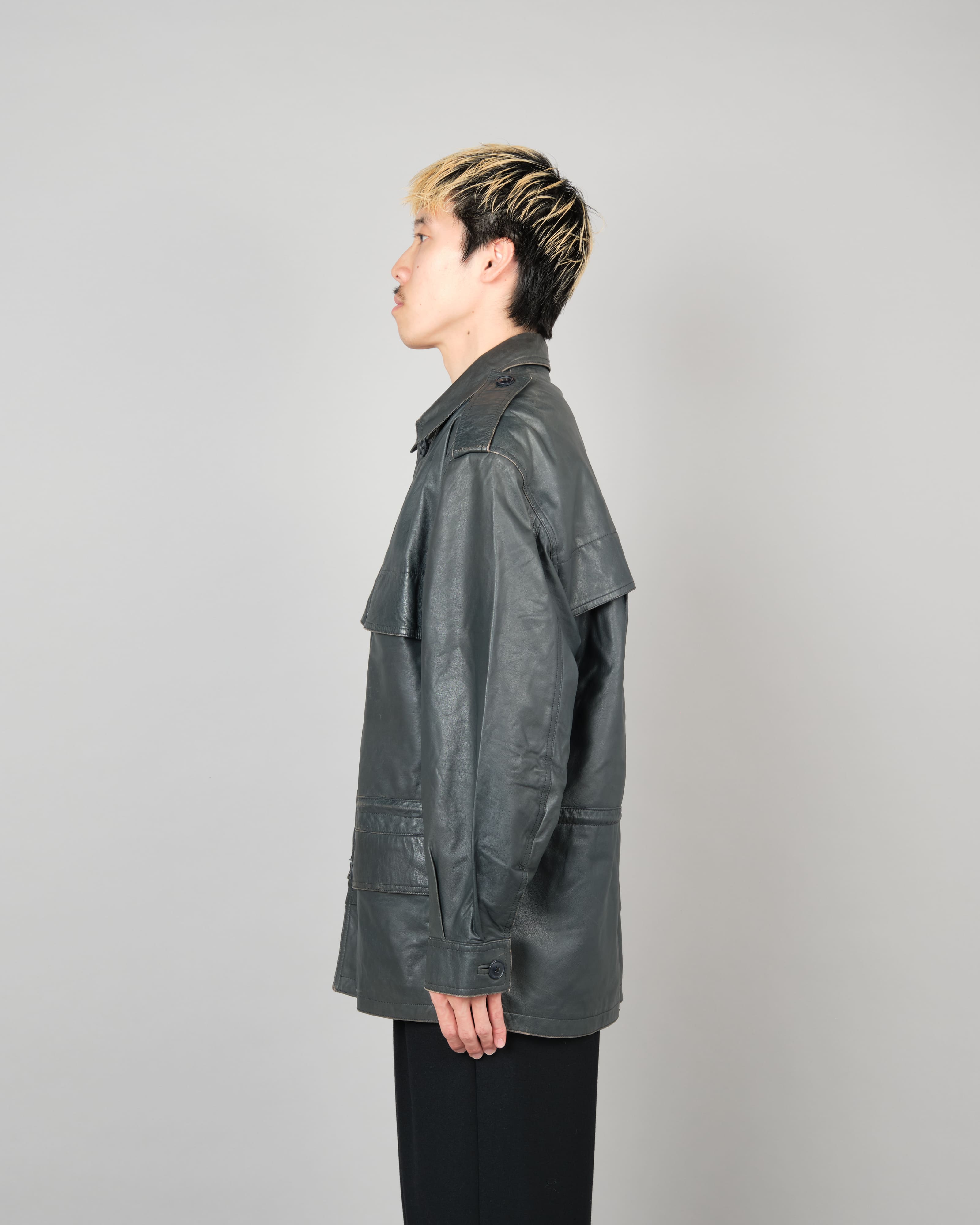 [~70's] Old GUCCI Military Style 4 Pockets Leather Jacket Size.50