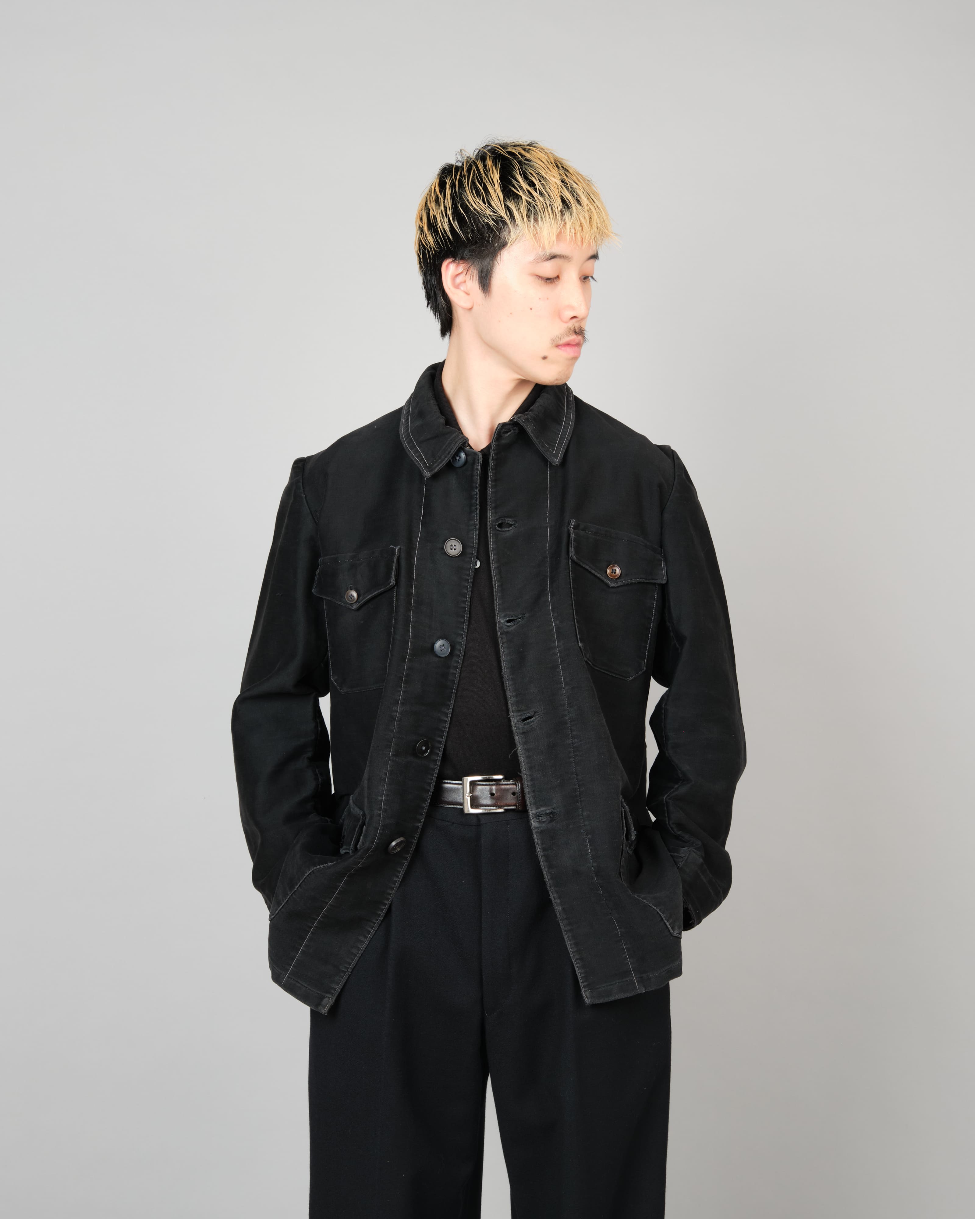 [~30's] French Vintage Black Moleskin Hunting Jacket "Homemade"