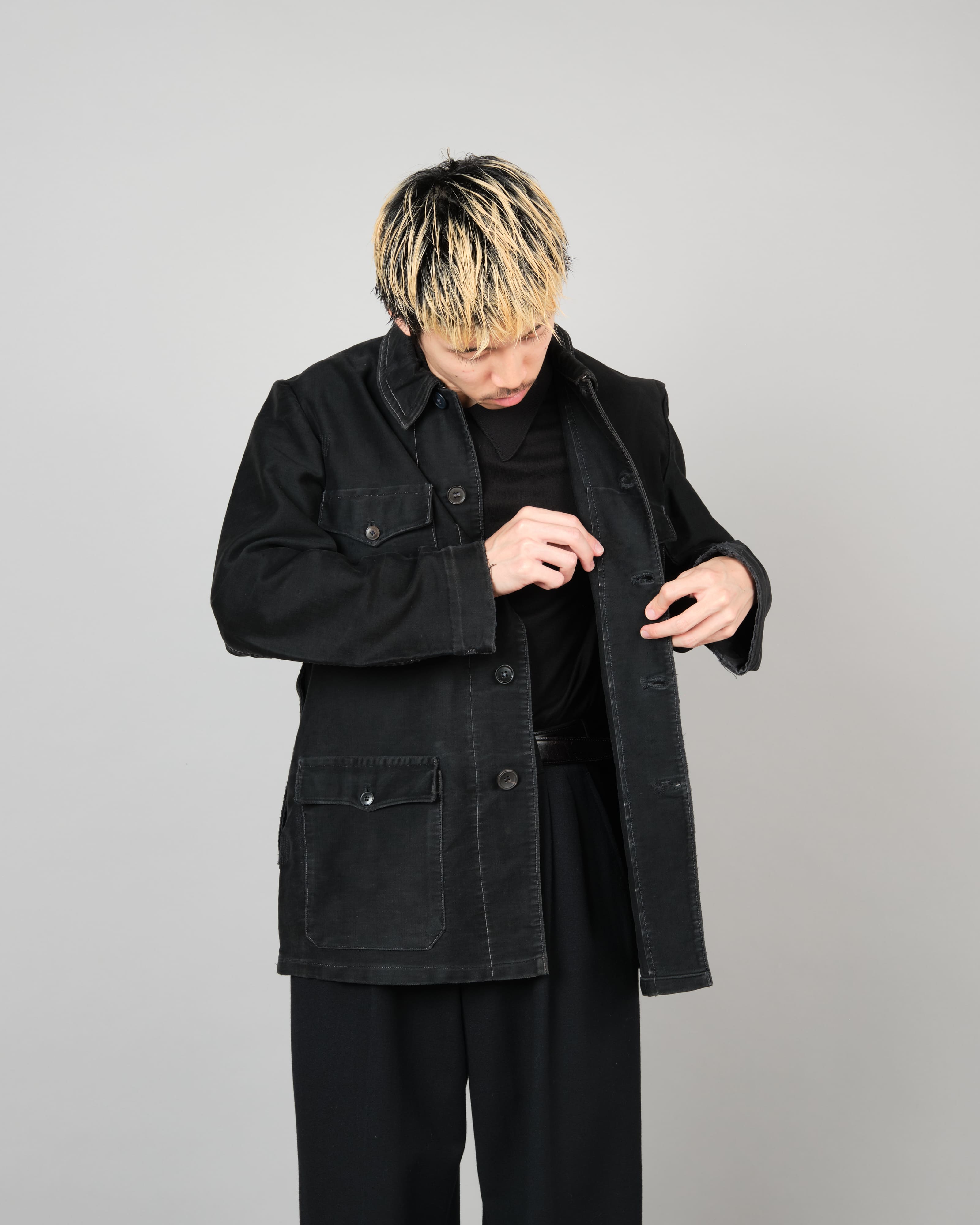 [~30's] French Vintage Black Moleskin Hunting Jacket "Homemade"