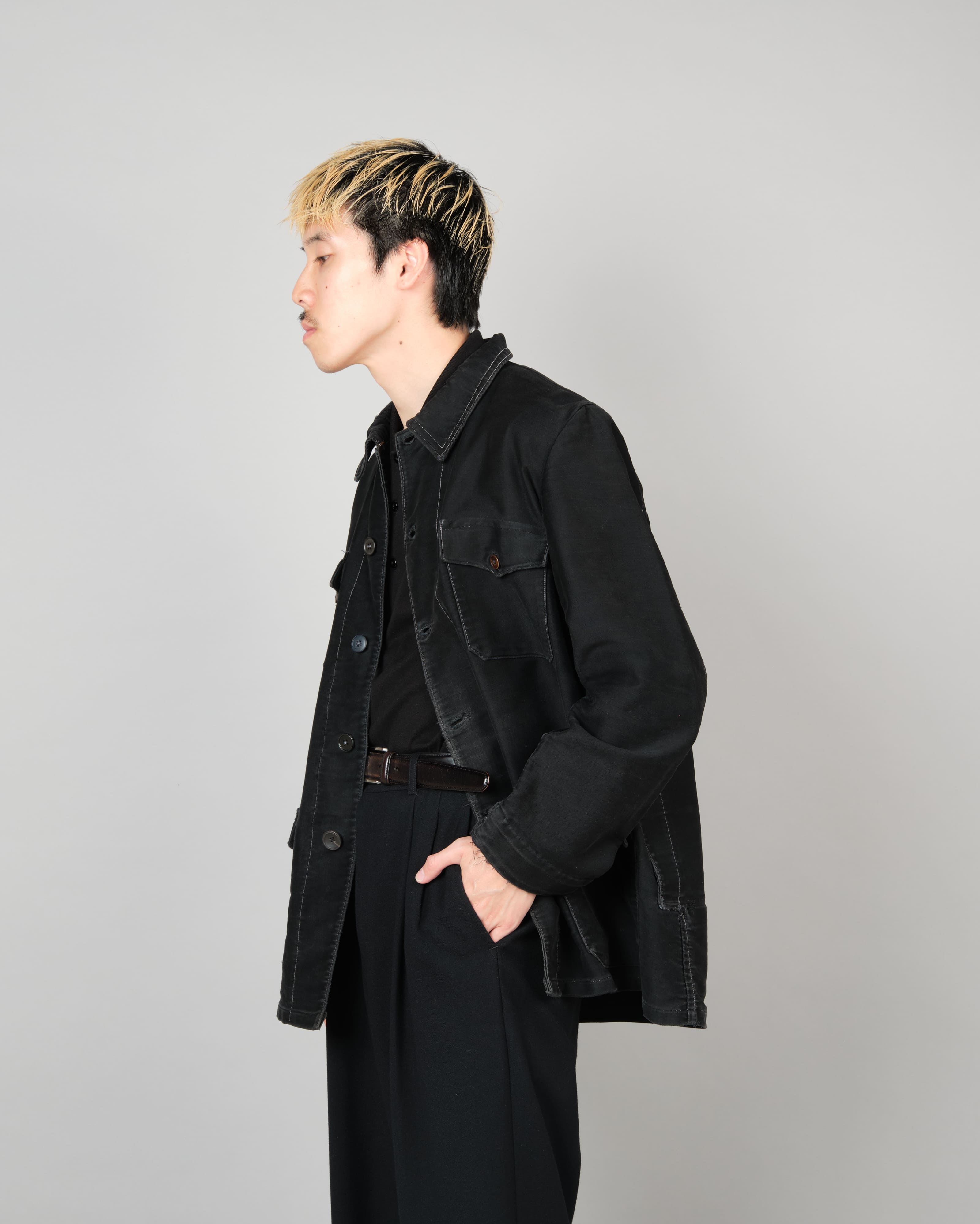 [~30's] French Vintage Black Moleskin Hunting Jacket "Homemade"