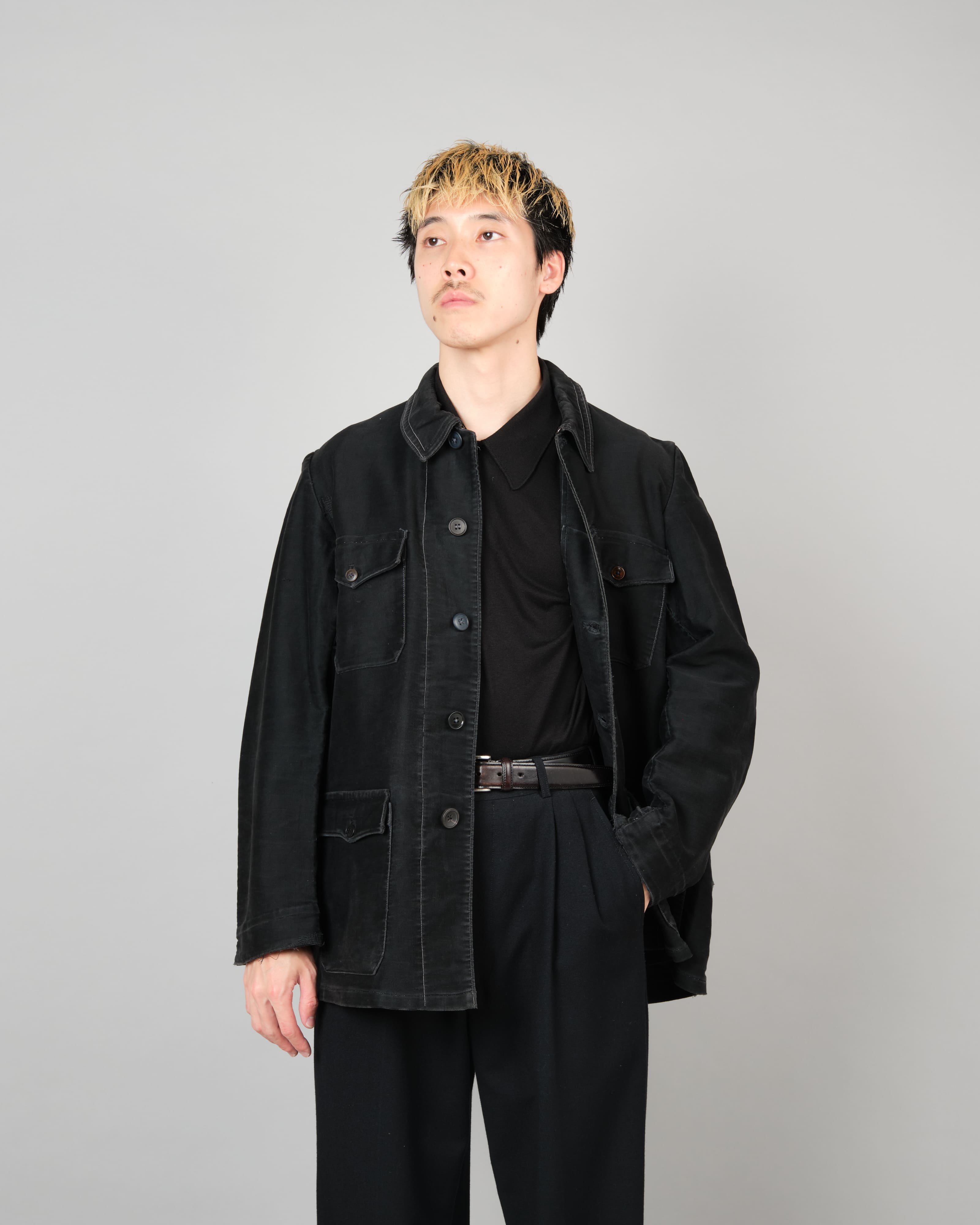 [~30's] French Vintage Black Moleskin Hunting Jacket "Homemade"