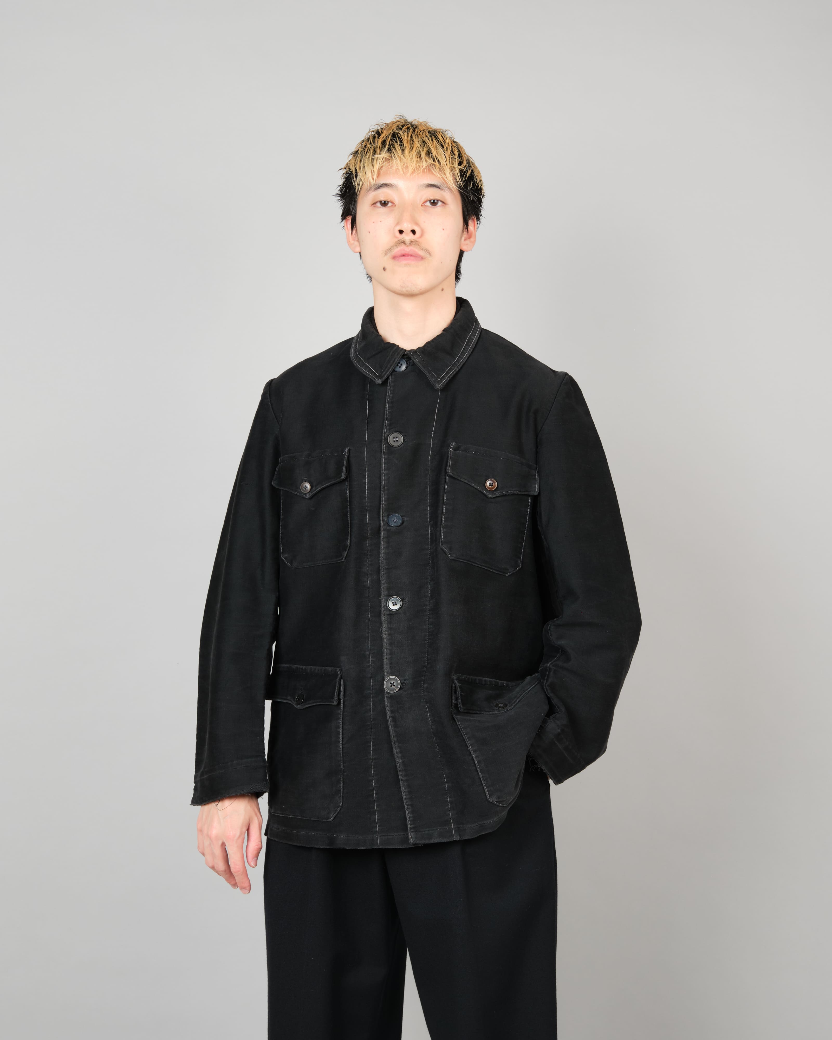 [~30's] French Vintage Black Moleskin Hunting Jacket "Homemade"