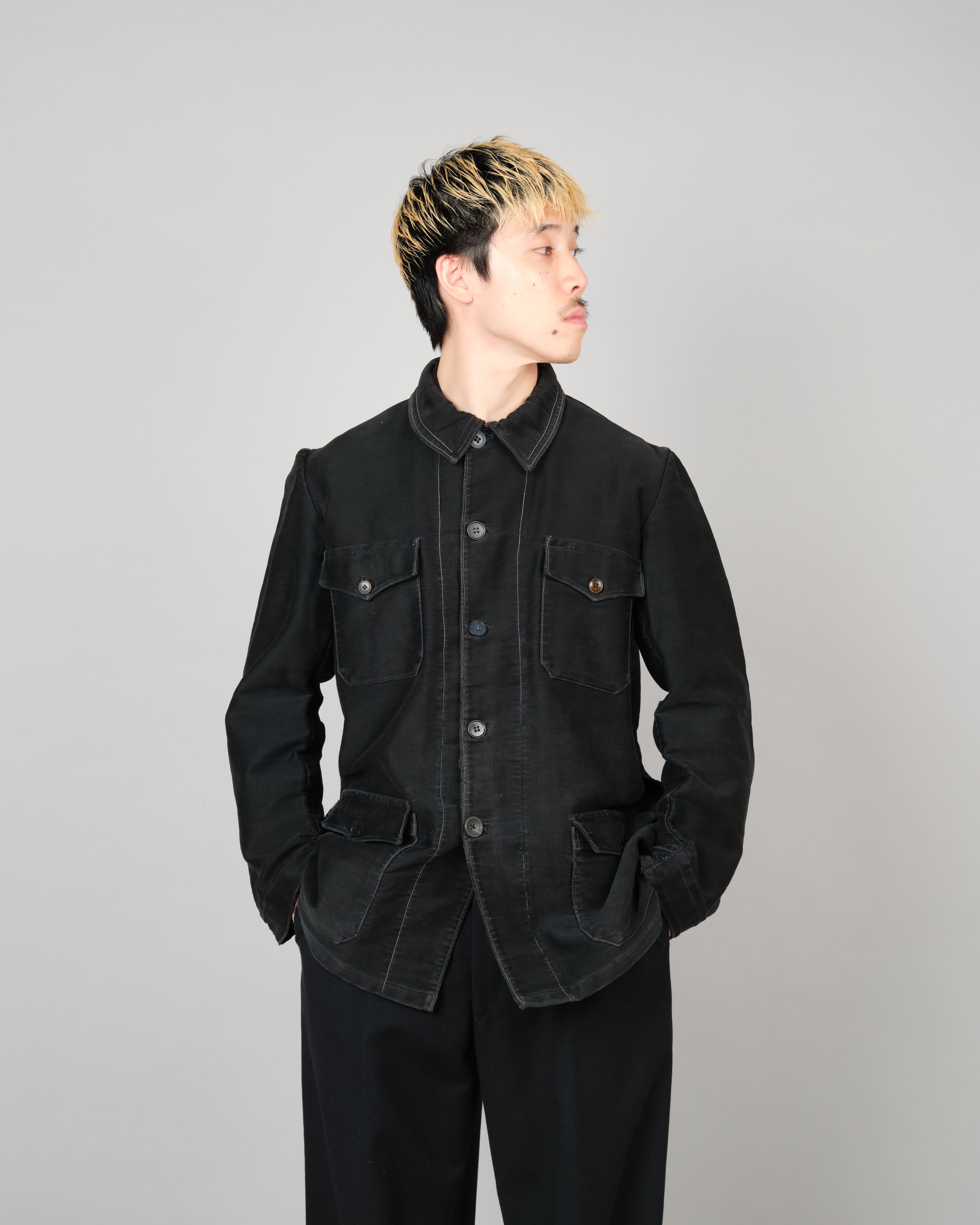 [~30's] French Vintage Black Moleskin Hunting Jacket "Homemade"