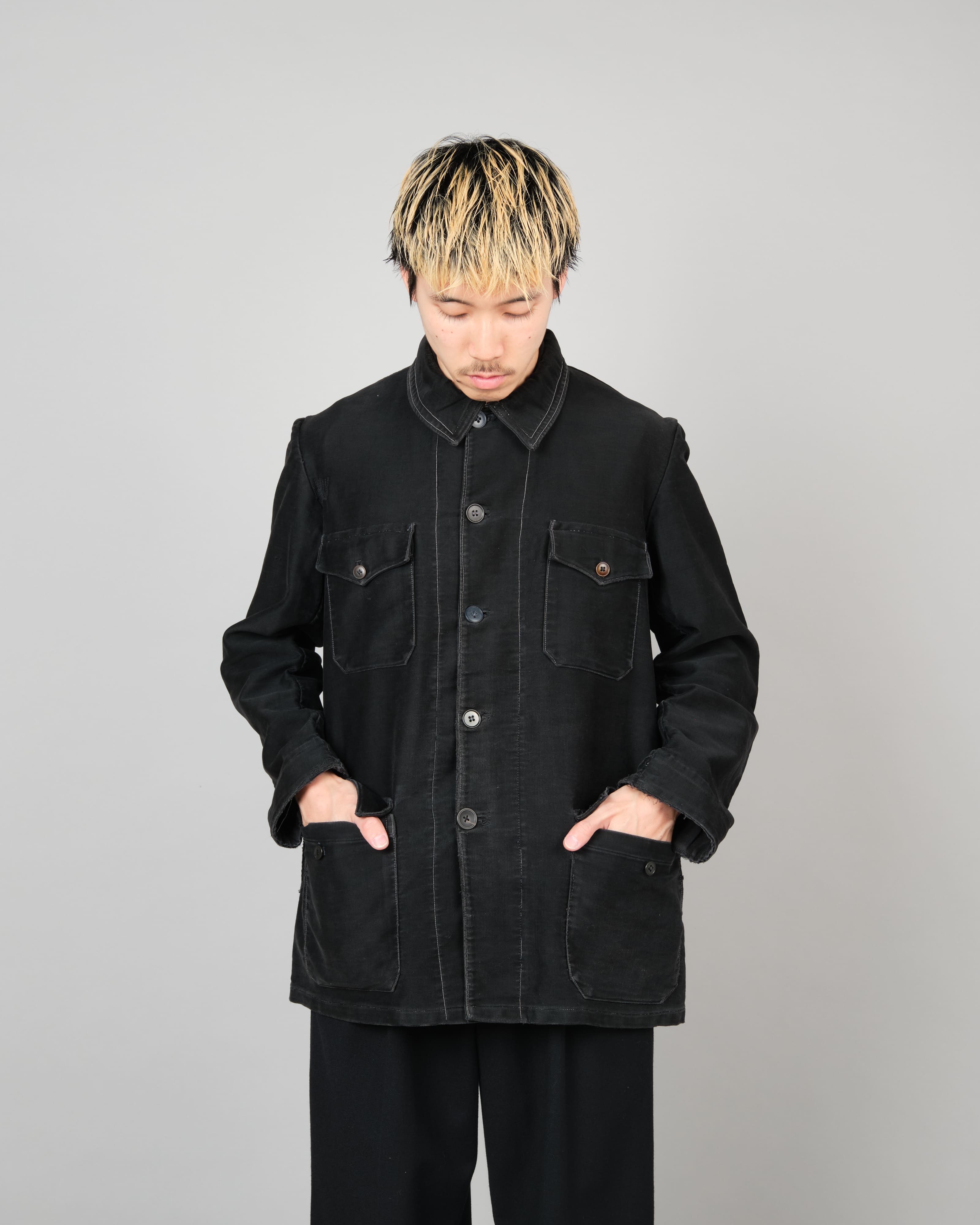 [~30's] French Vintage Black Moleskin Hunting Jacket "Homemade"