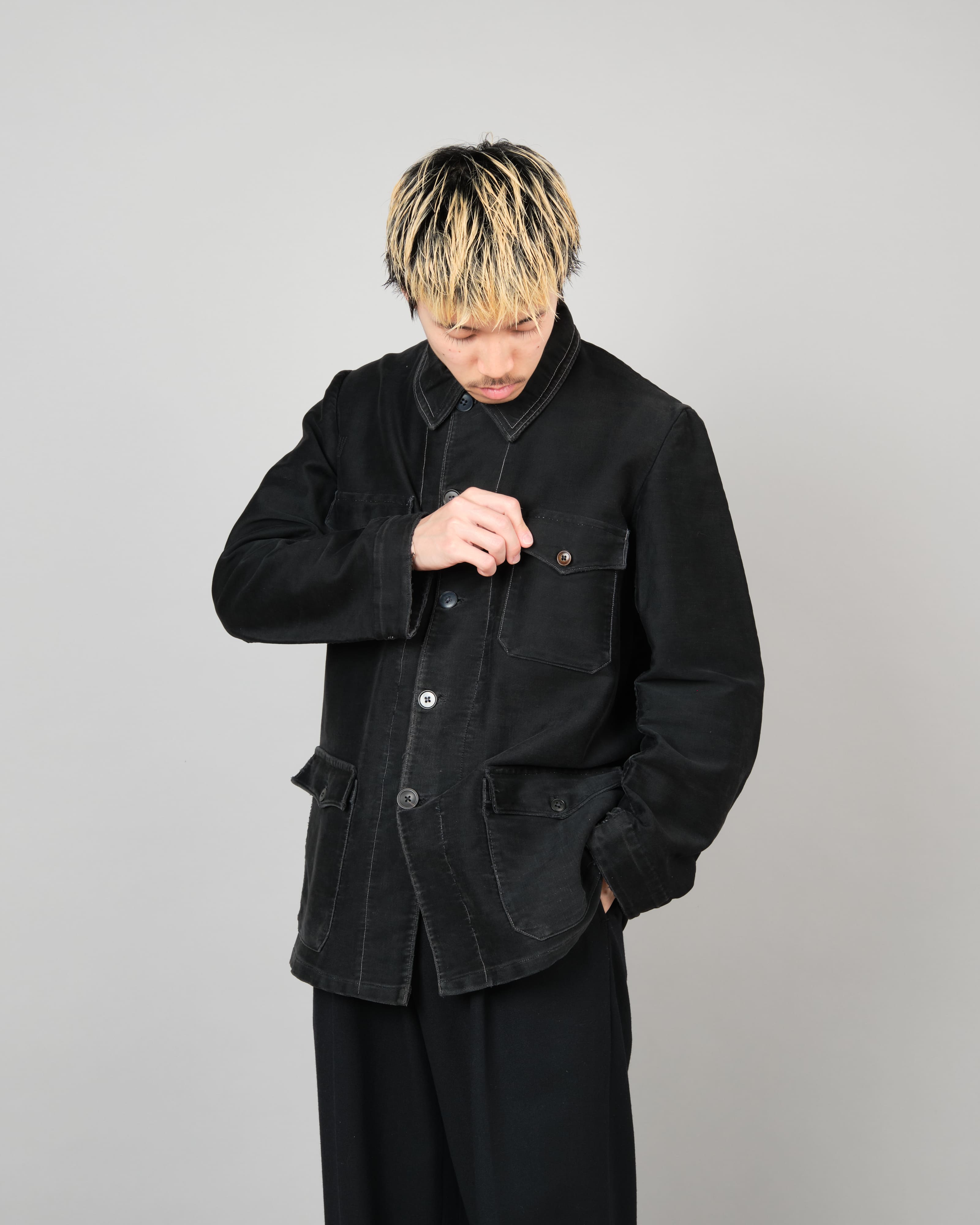 [~30's] French Vintage Black Moleskin Hunting Jacket "Homemade"