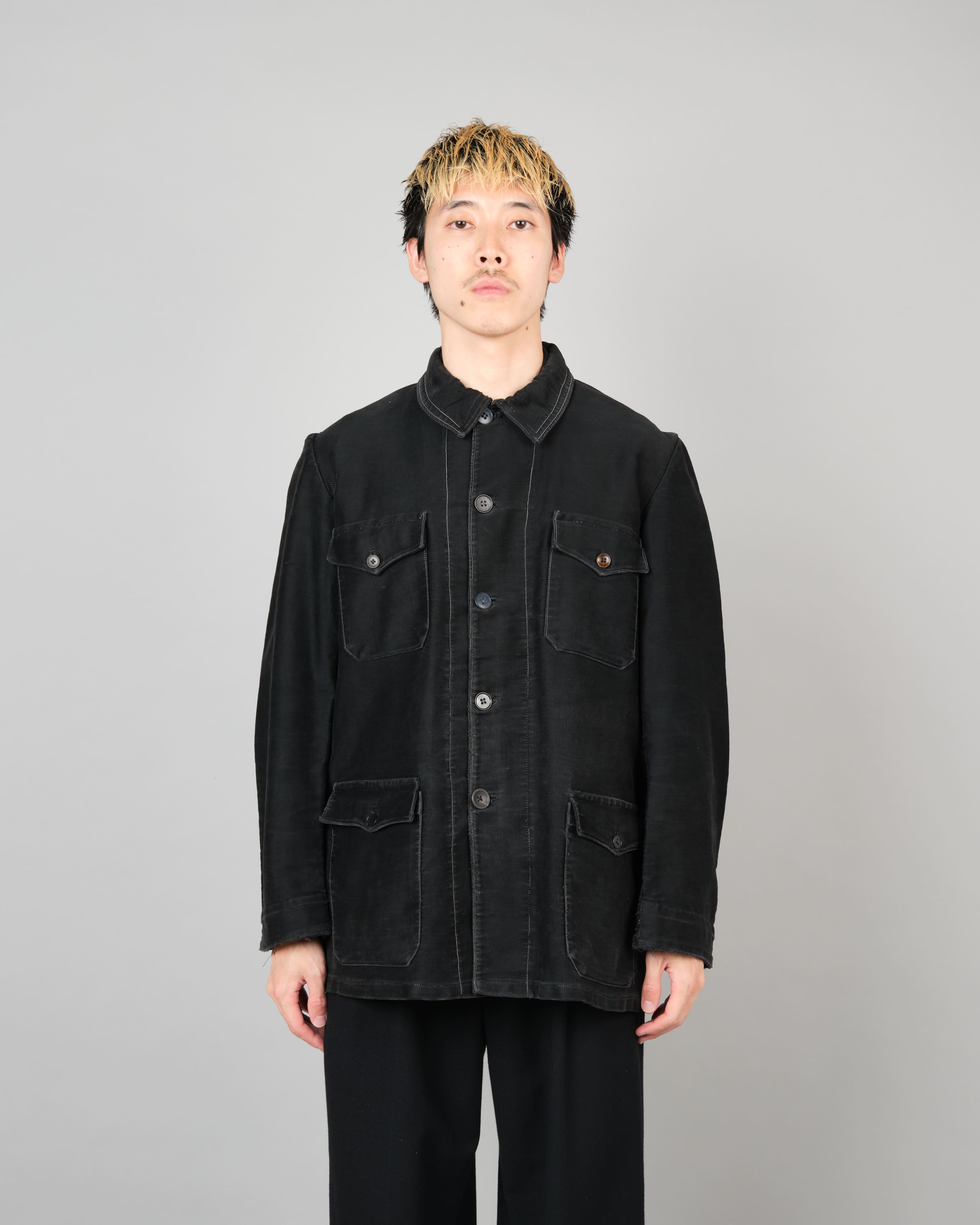 [~30's] French Vintage Black Moleskin Hunting Jacket "Homemade"