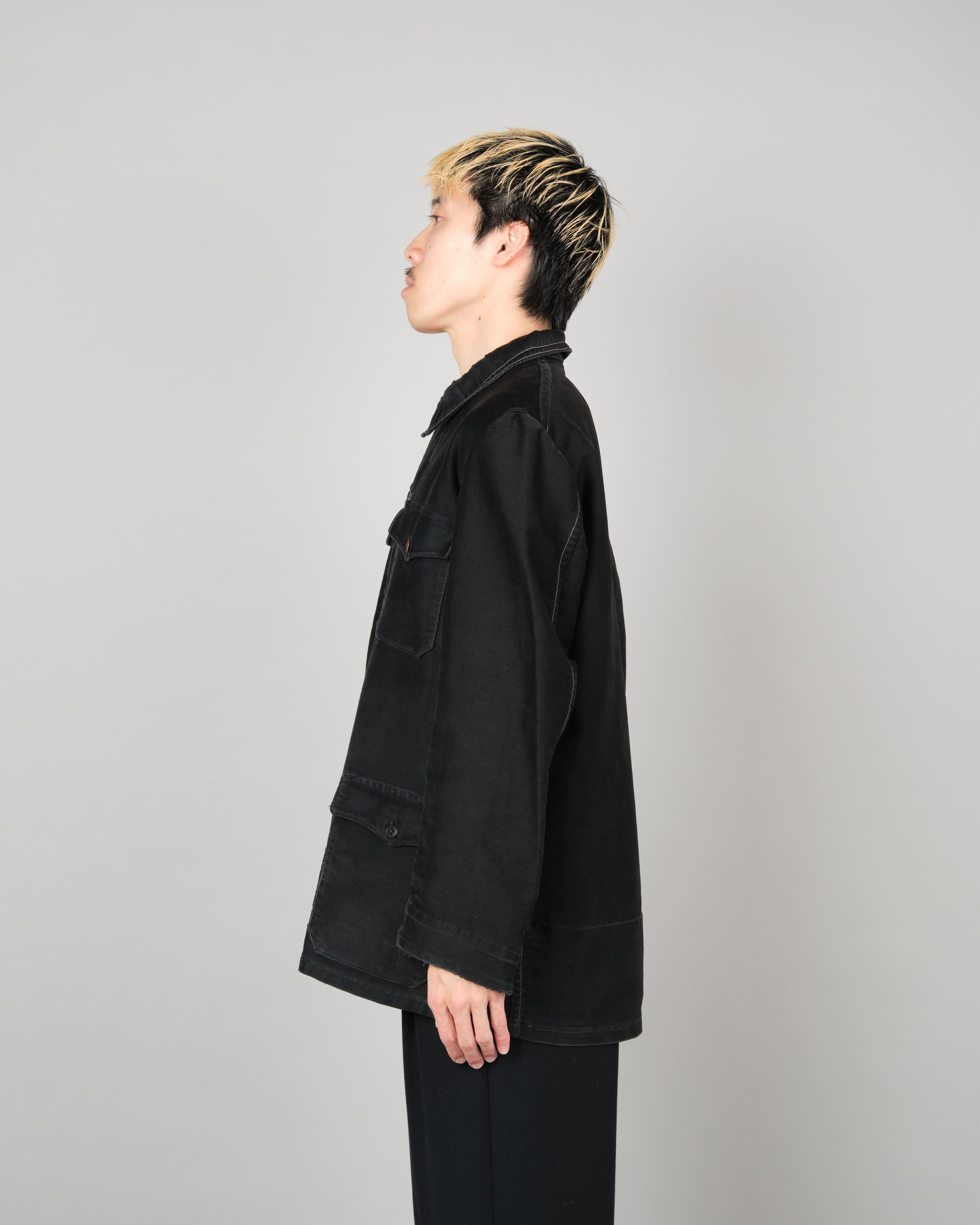 [~30's] French Vintage Black Moleskin Hunting Jacket "Homemade"