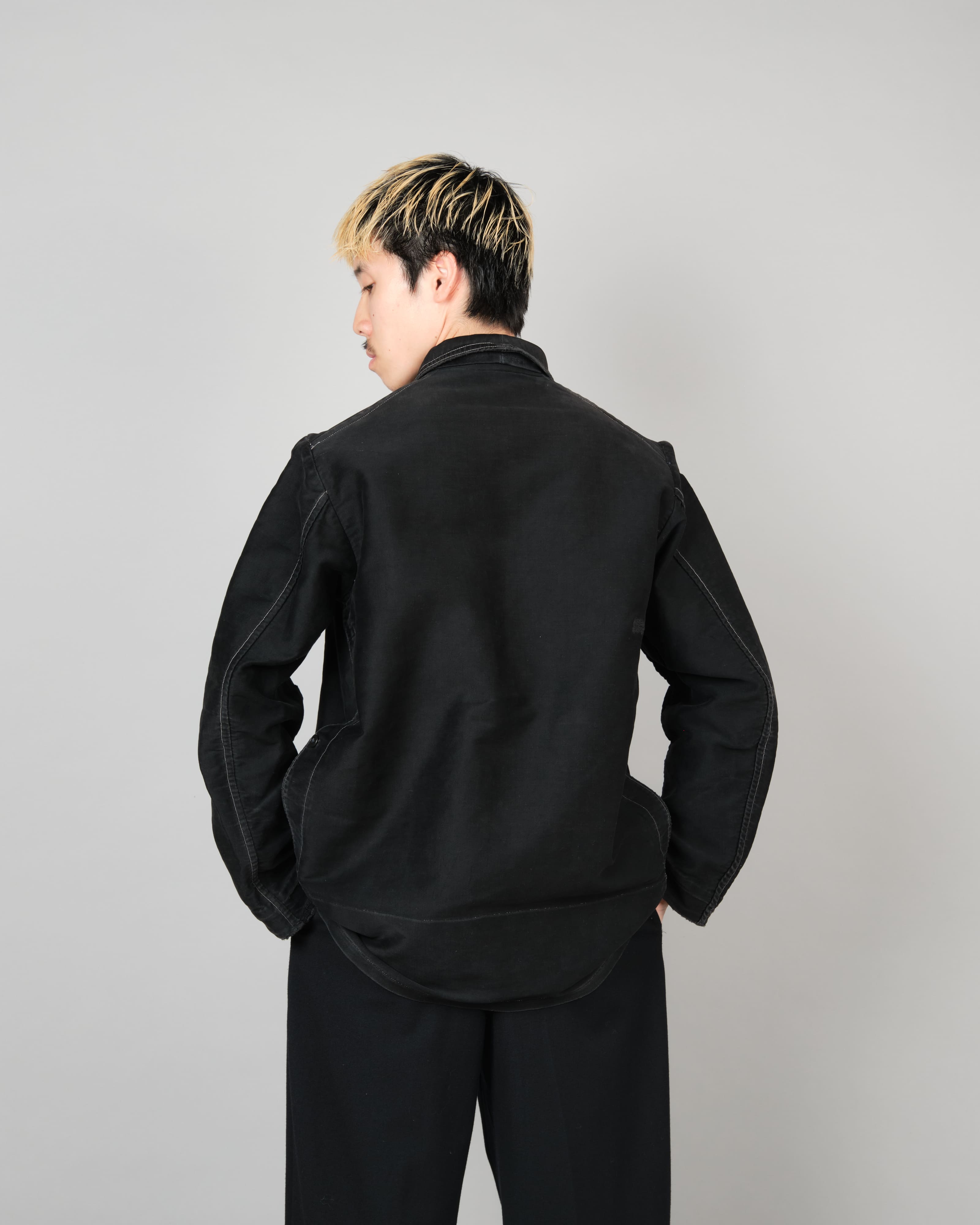 [~30's] French Vintage Black Moleskin Hunting Jacket "Homemade"