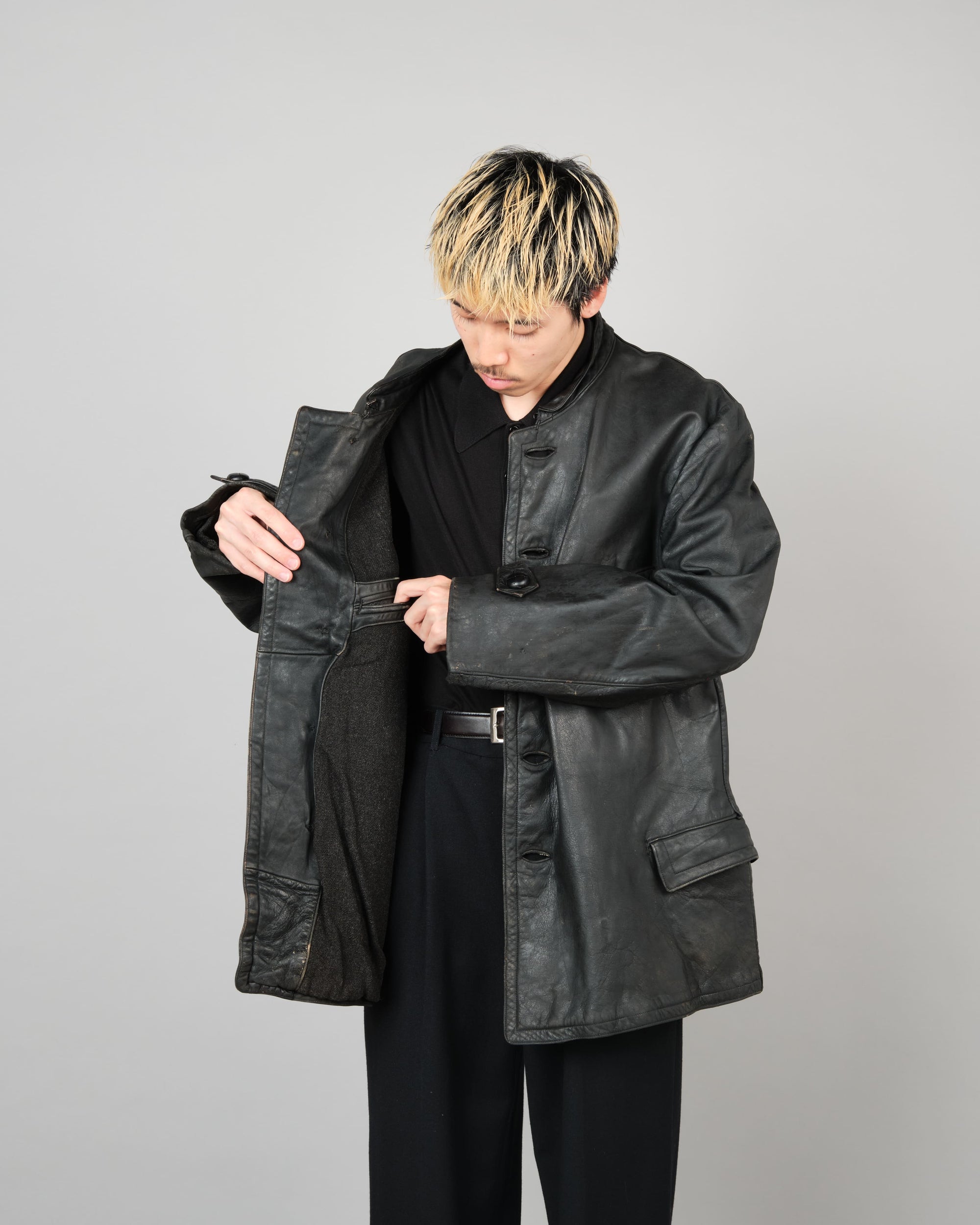 【~40's】WWII German Navy U-Boat Crew Black Leather Jacket "Kriegsmarine"