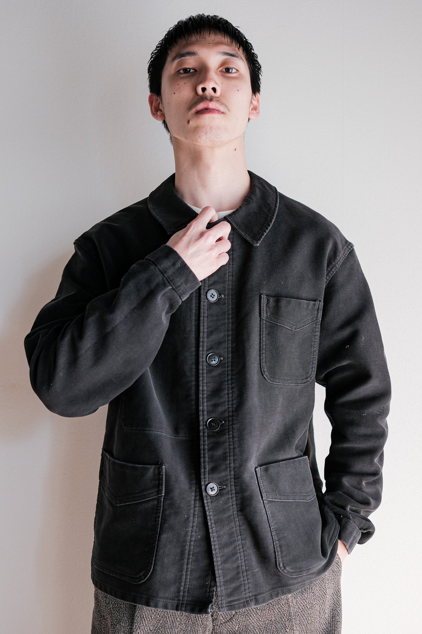 50's】French Vintage Black Moleskin Work Jacket 