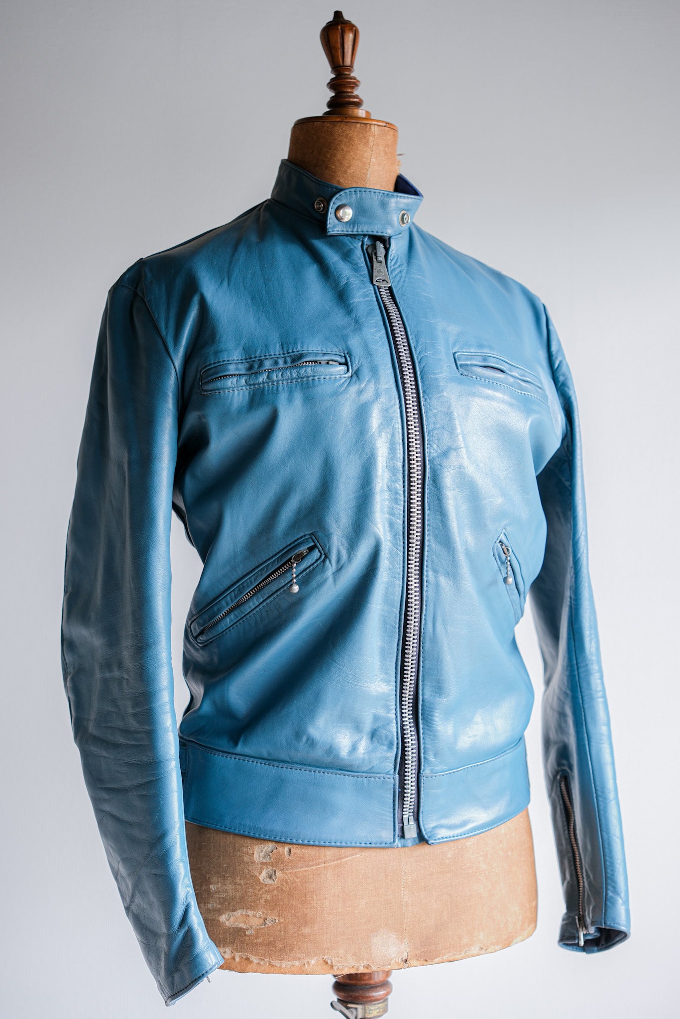 70's】Vintage Lewis Leathers Turquoise Leather Riders Jacket Size.38