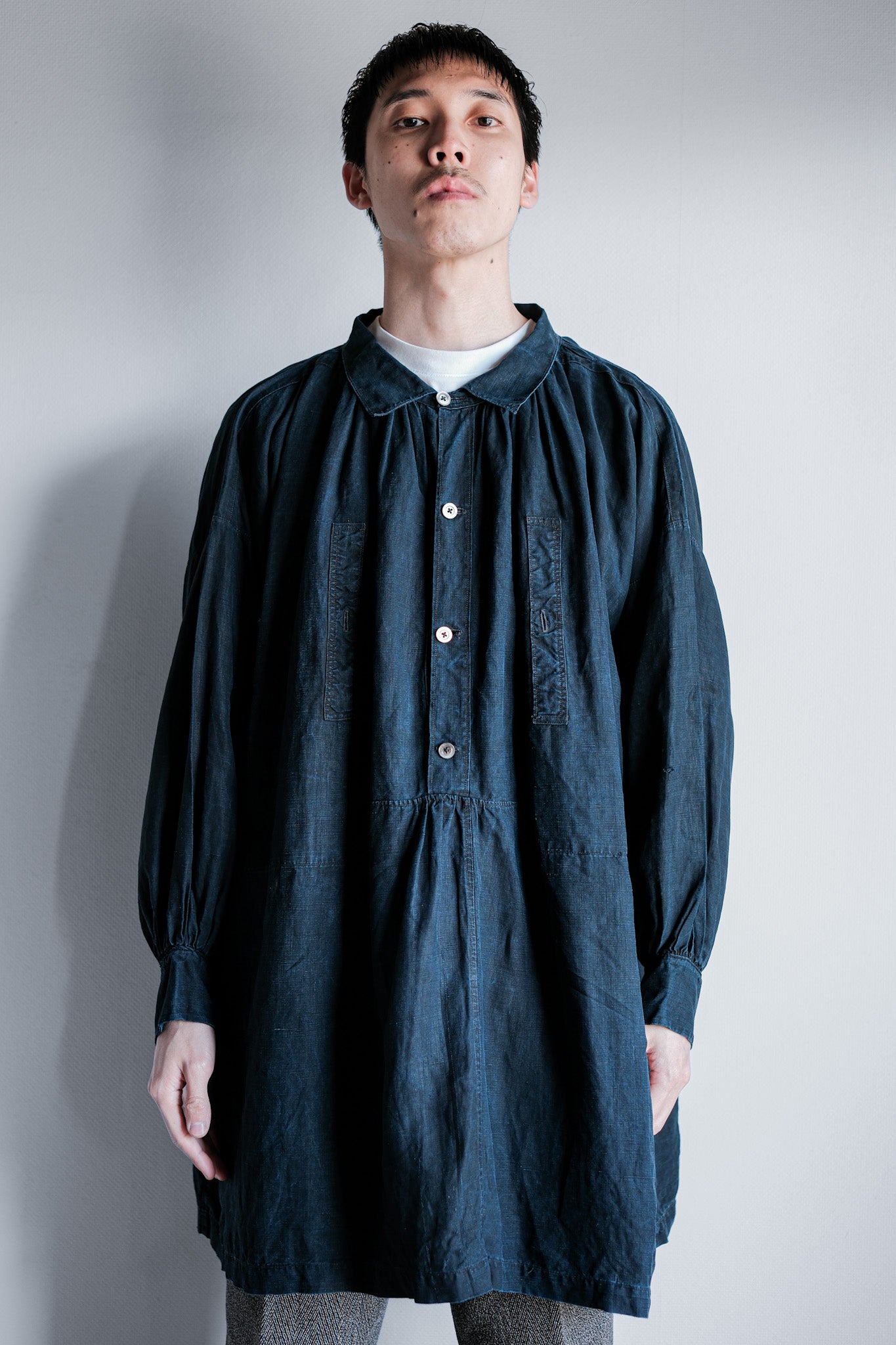 [Early 20th C] French Antique Indigo Linen Smock "BIAUDE"