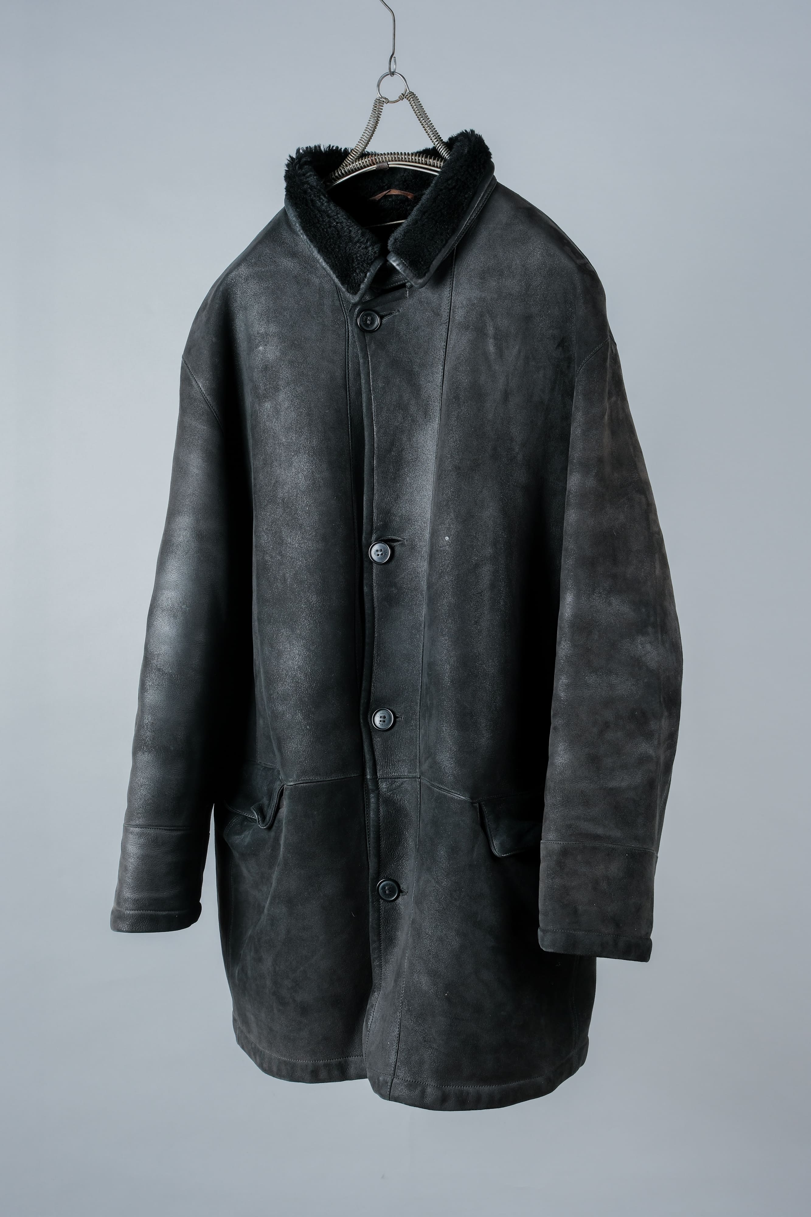 [~ 90's] Old Seraphin Black Leather Mouton Half Coat Size.54