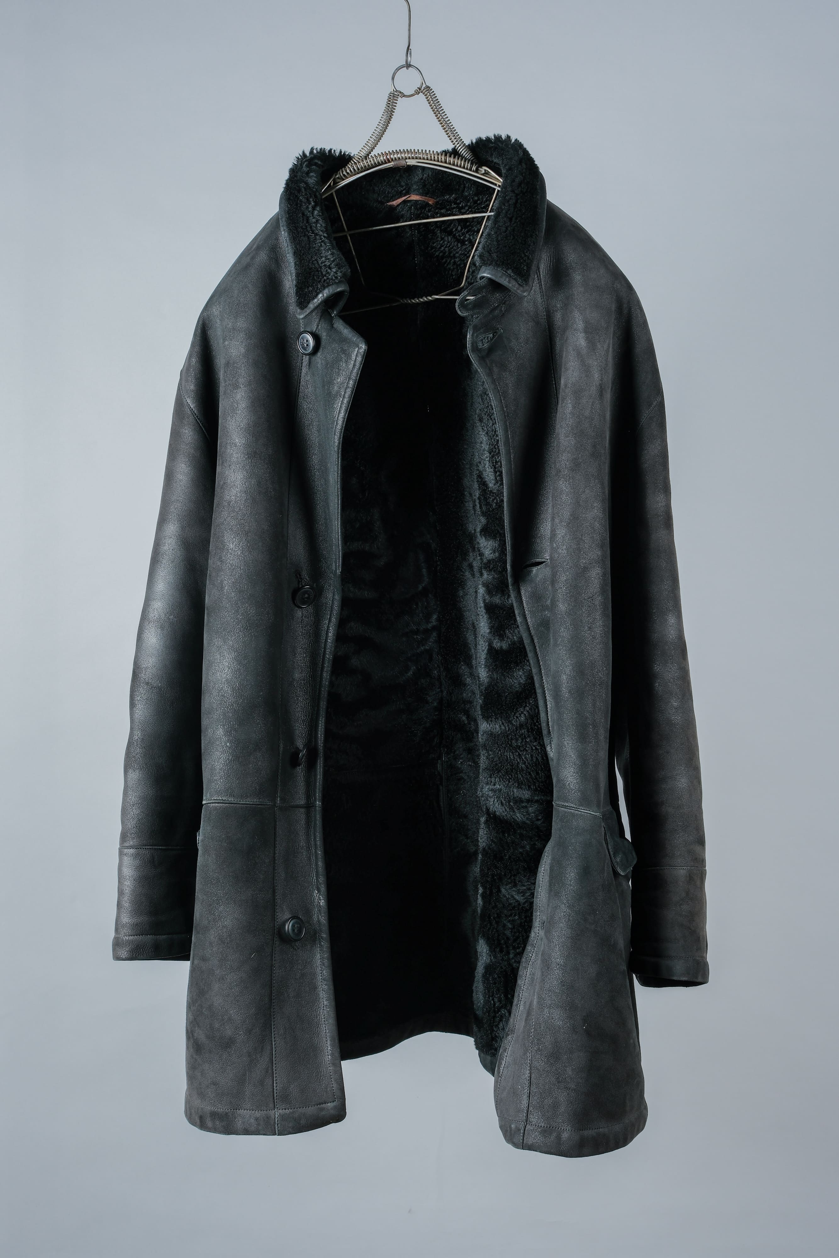 [~ 90's] Old Seraphin Black Leather Mouton Half Coat Size.54