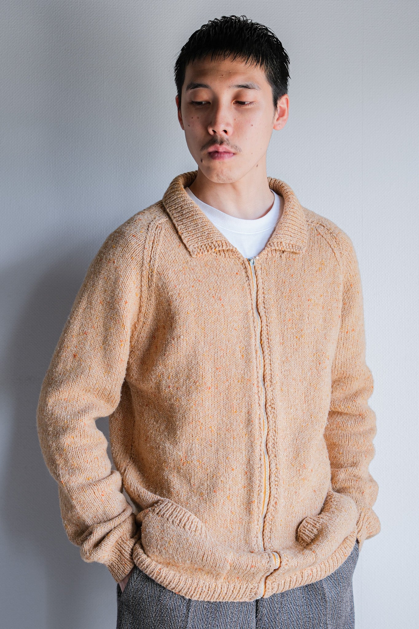 ［~60's］British Vintage Raglan Sleeve Zip Up Wool Cardigan "Handmade"