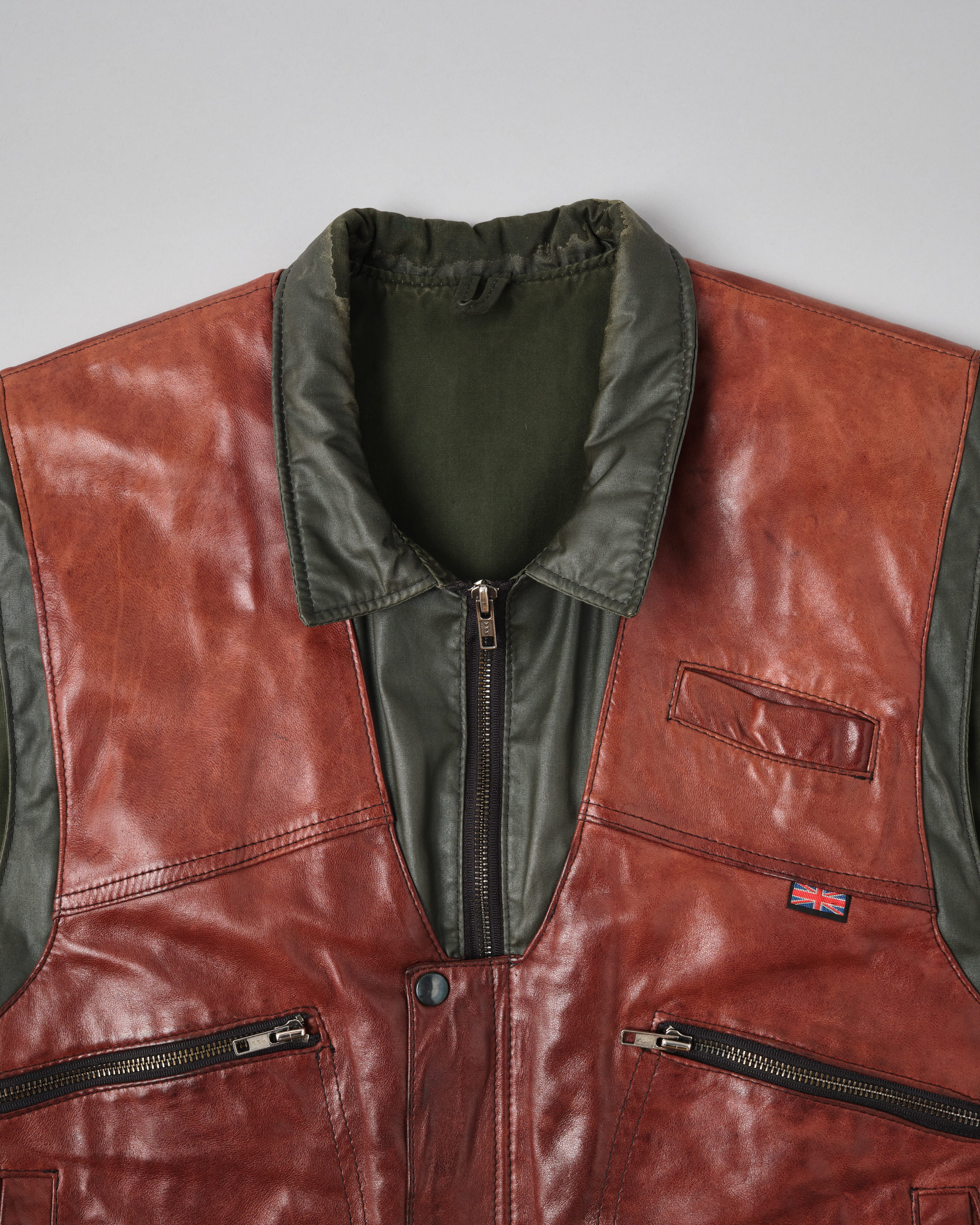 【~70's】British Vintage Switching Leather Nylon Zip Up Vest Size.40