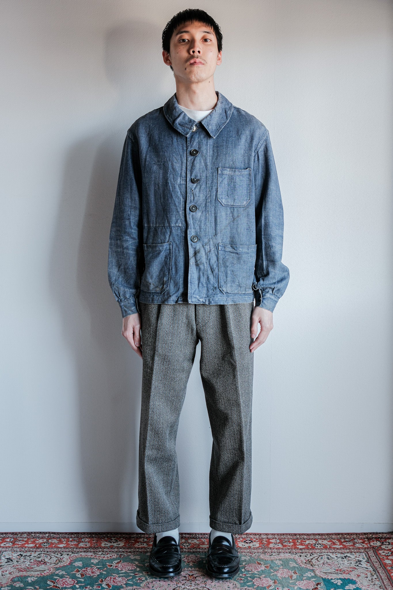 [~ 40's] French Vintage Indigo Linen Work Jacket Size.44