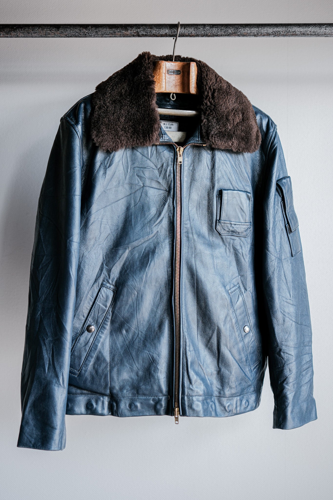 ［~70's］French Air Force Pilot Leather Jacket With Chin Strap Size.96L "Full Set"