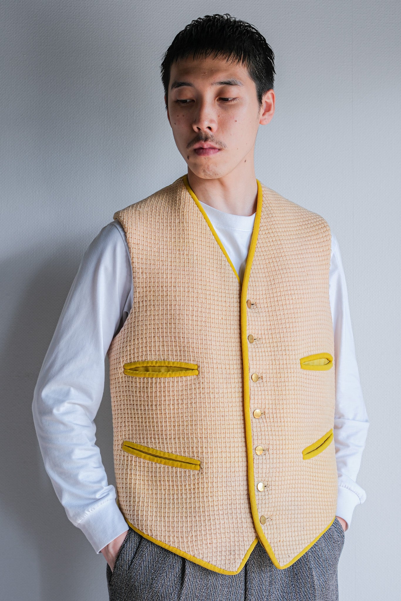 【~40's】British Vintage Yellow Wool Waistcoat "Handmade"