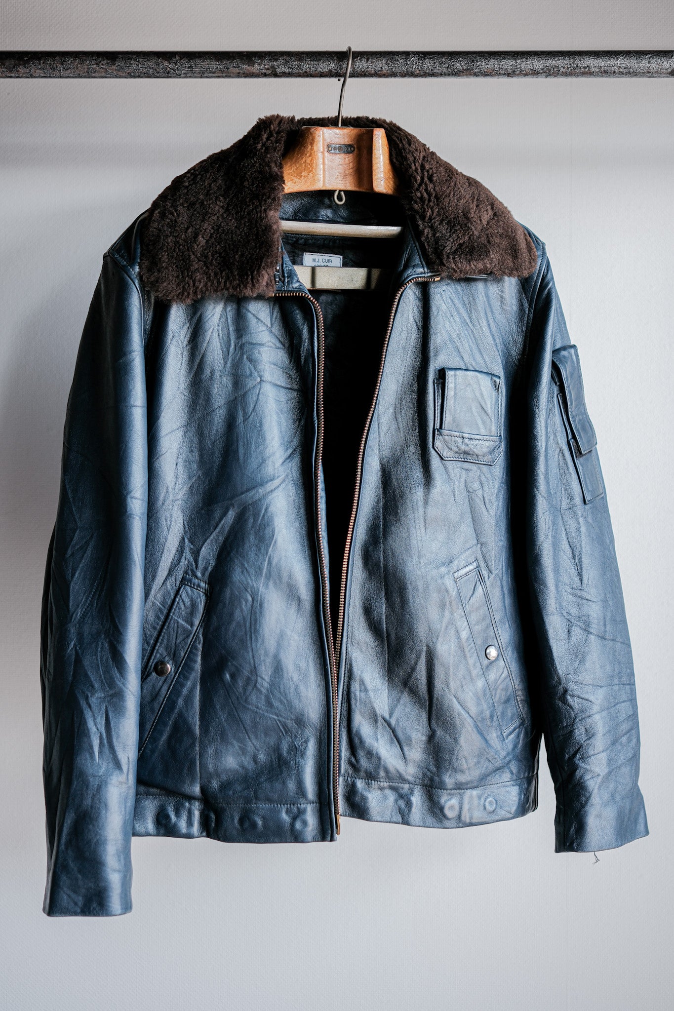 ［~70's］French Air Force Pilot Leather Jacket With Chin Strap Size.96L "Full Set"