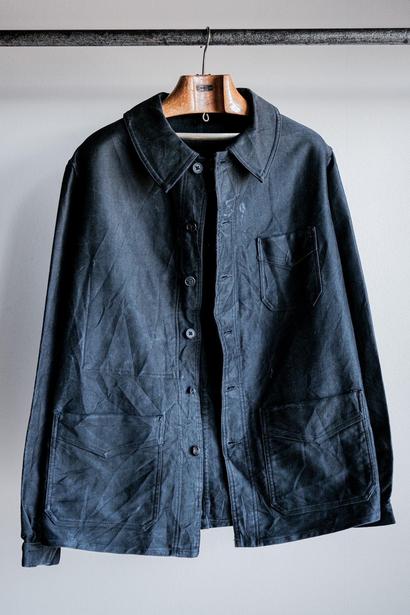 [~ 30's] French Vintage Black Moleskin Work Jacket "6 Buttons"