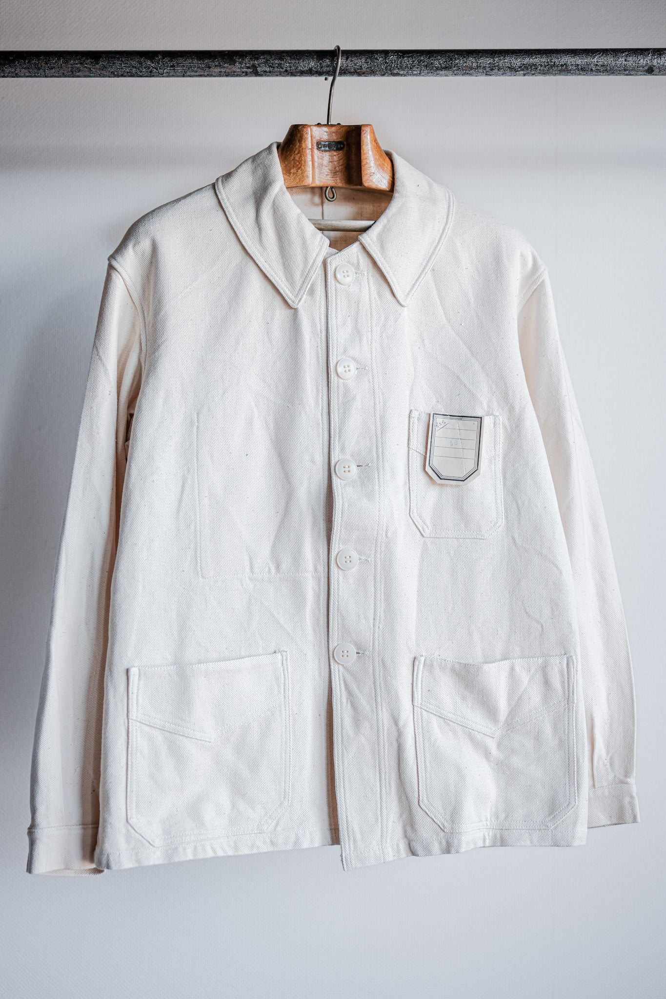 [~ 40's] French vintage Coton blanc sergé de travail de veste.50 "Stock mort"