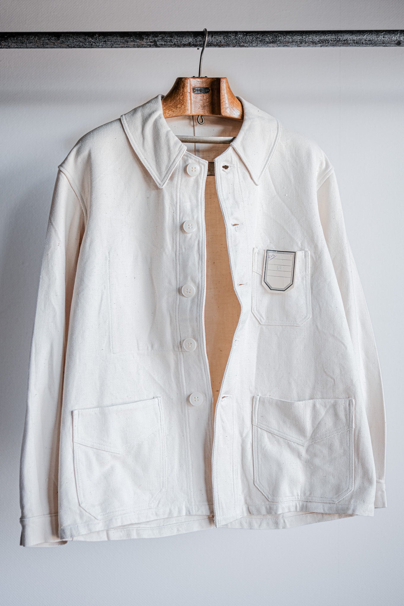 【~40's】French Vintage White Cotton Twill Work Jacket Size.50 "Dead Stock"