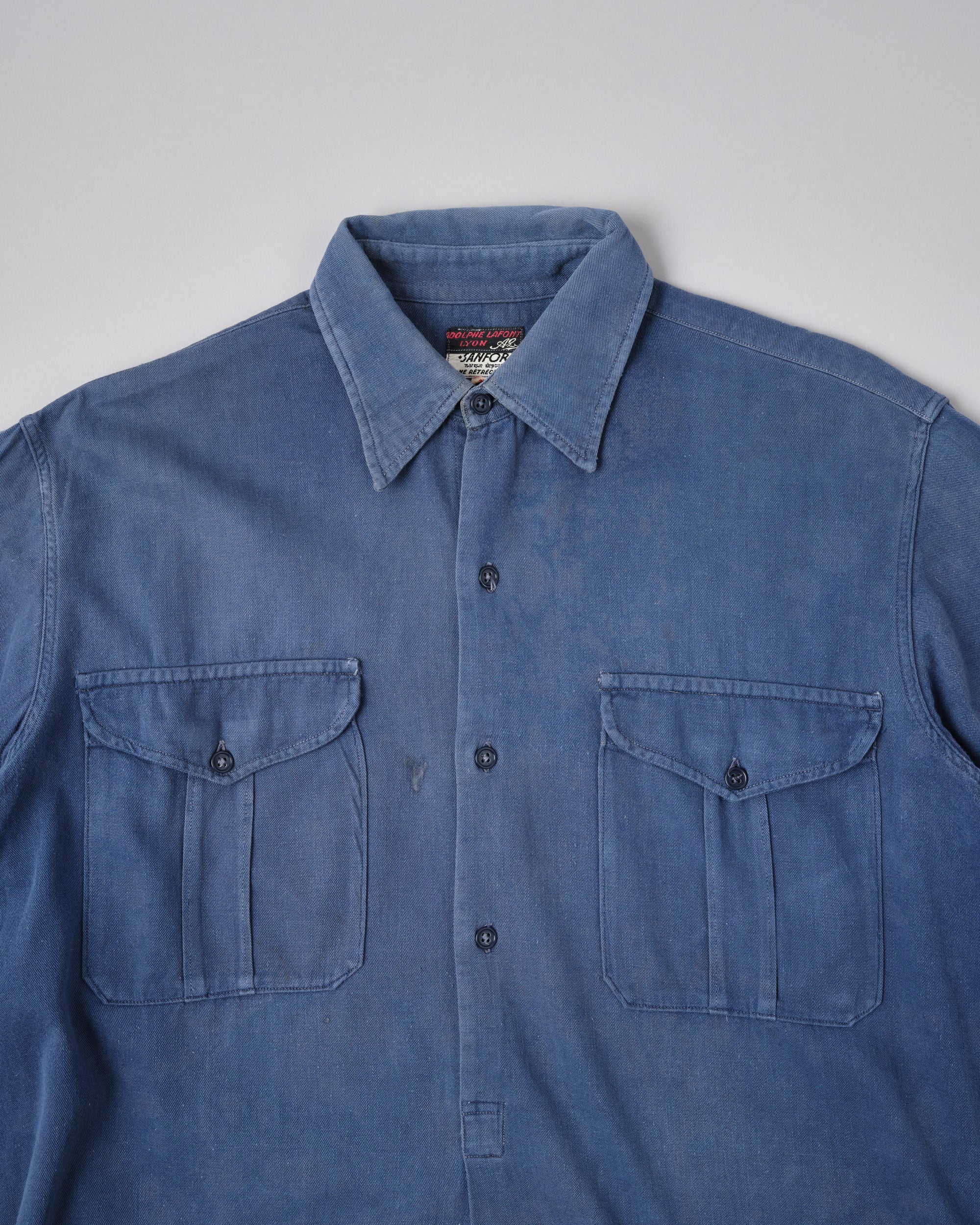 【~50’s】French Vintage Blue Cotton Twill Grandpa Shirt Size.41 "Adolphe Lafont"