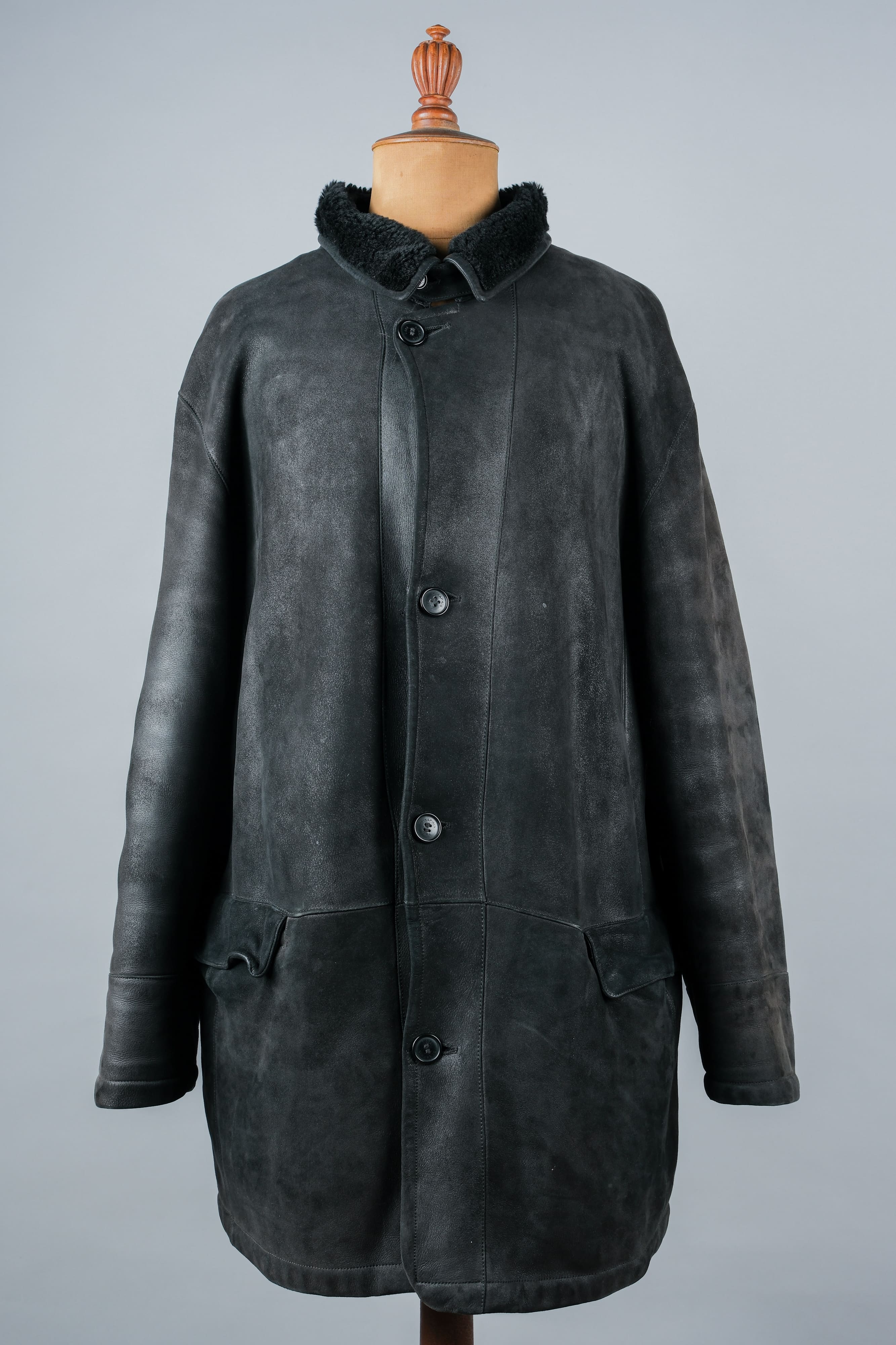 [~ 90's] Old Seraphin Black Leather Mouton Half Coat Size.54