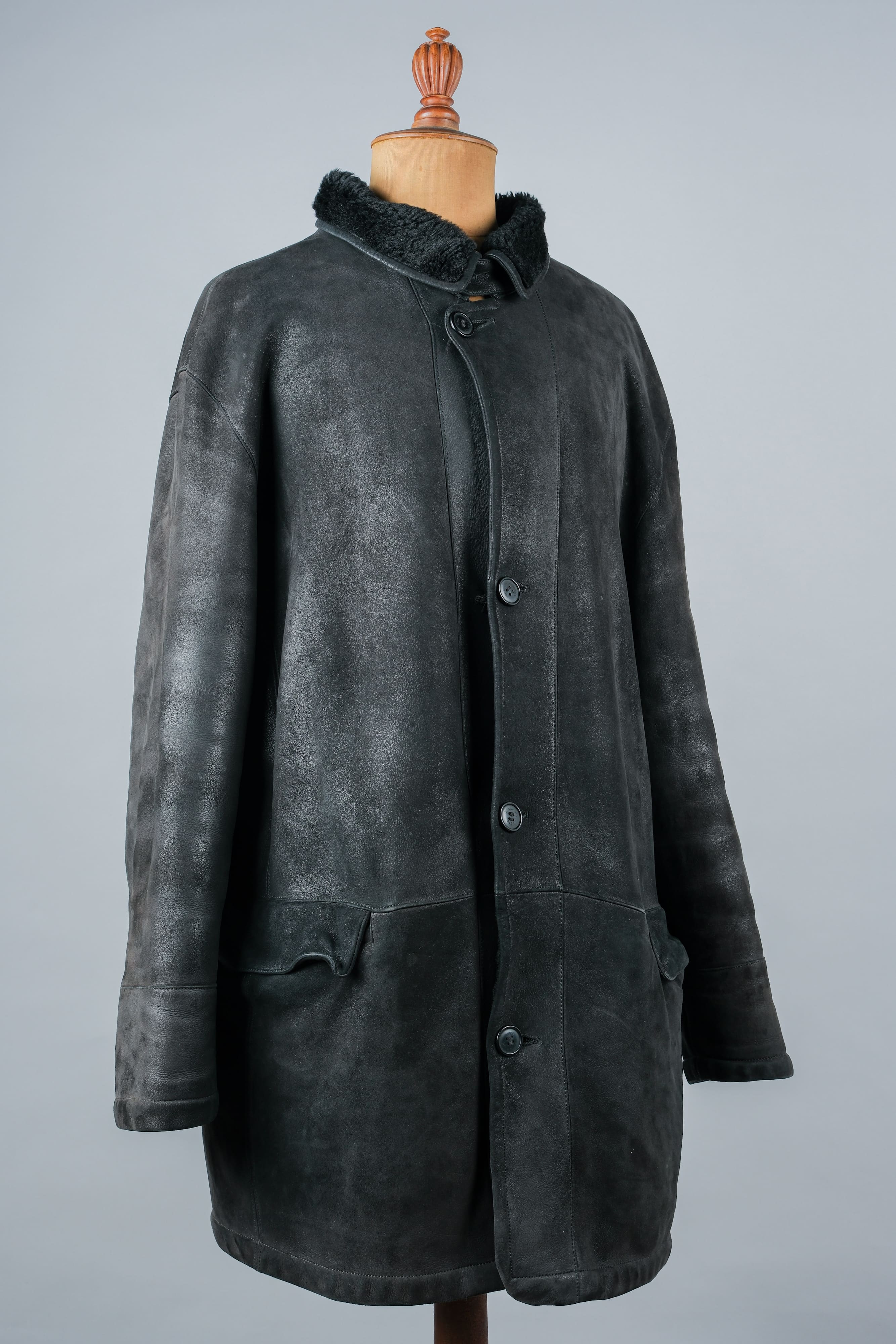 [~ 90's] Old Seraphin Black Leather Mouton Half Coat Size.54