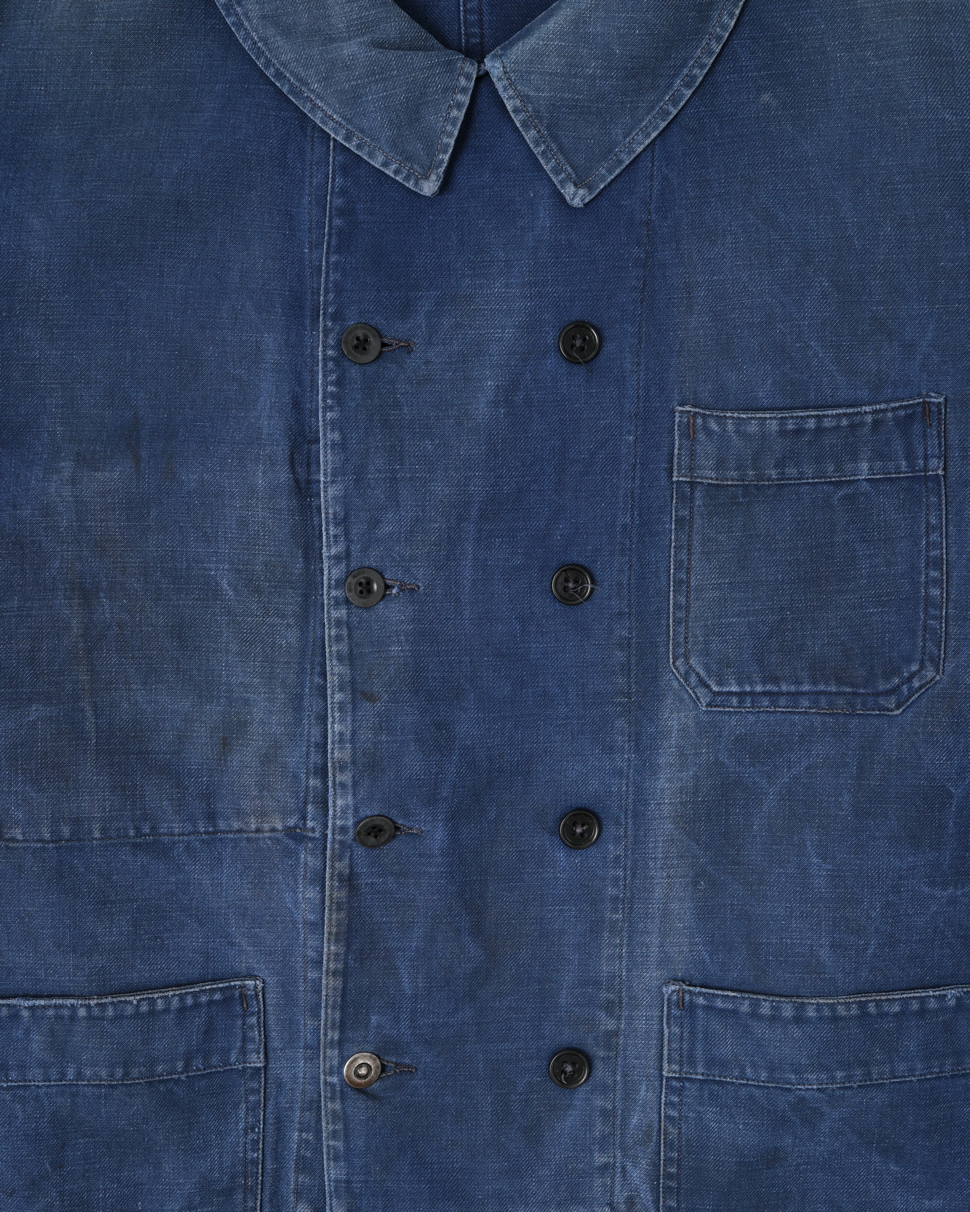 [~50's] French Vintage Blue Cotton Twill Double Breasted Work Jacket
