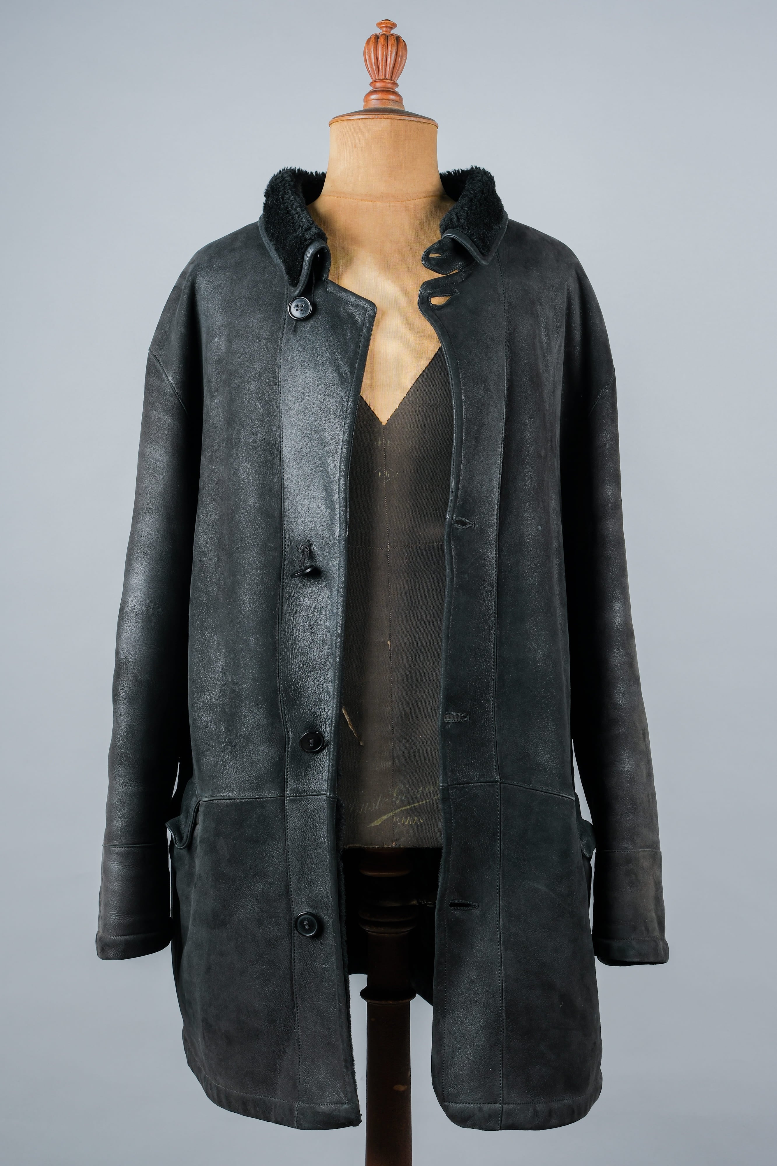 [~ 90's] Old Seraphin Black Leather Mouton Half Coat Size.54