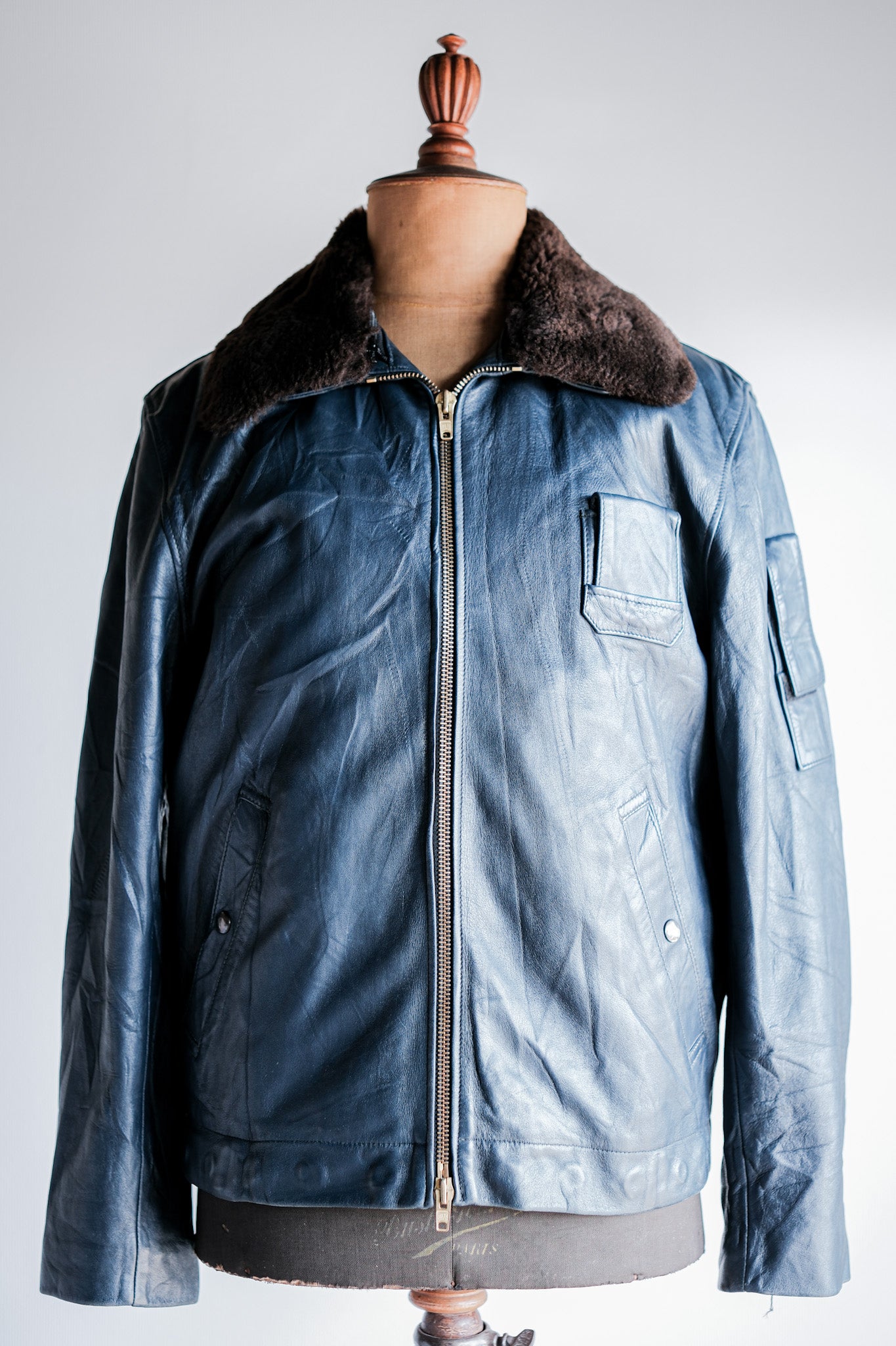 ［~70's］French Air Force Pilot Leather Jacket With Chin Strap Size.96L "Full Set"
