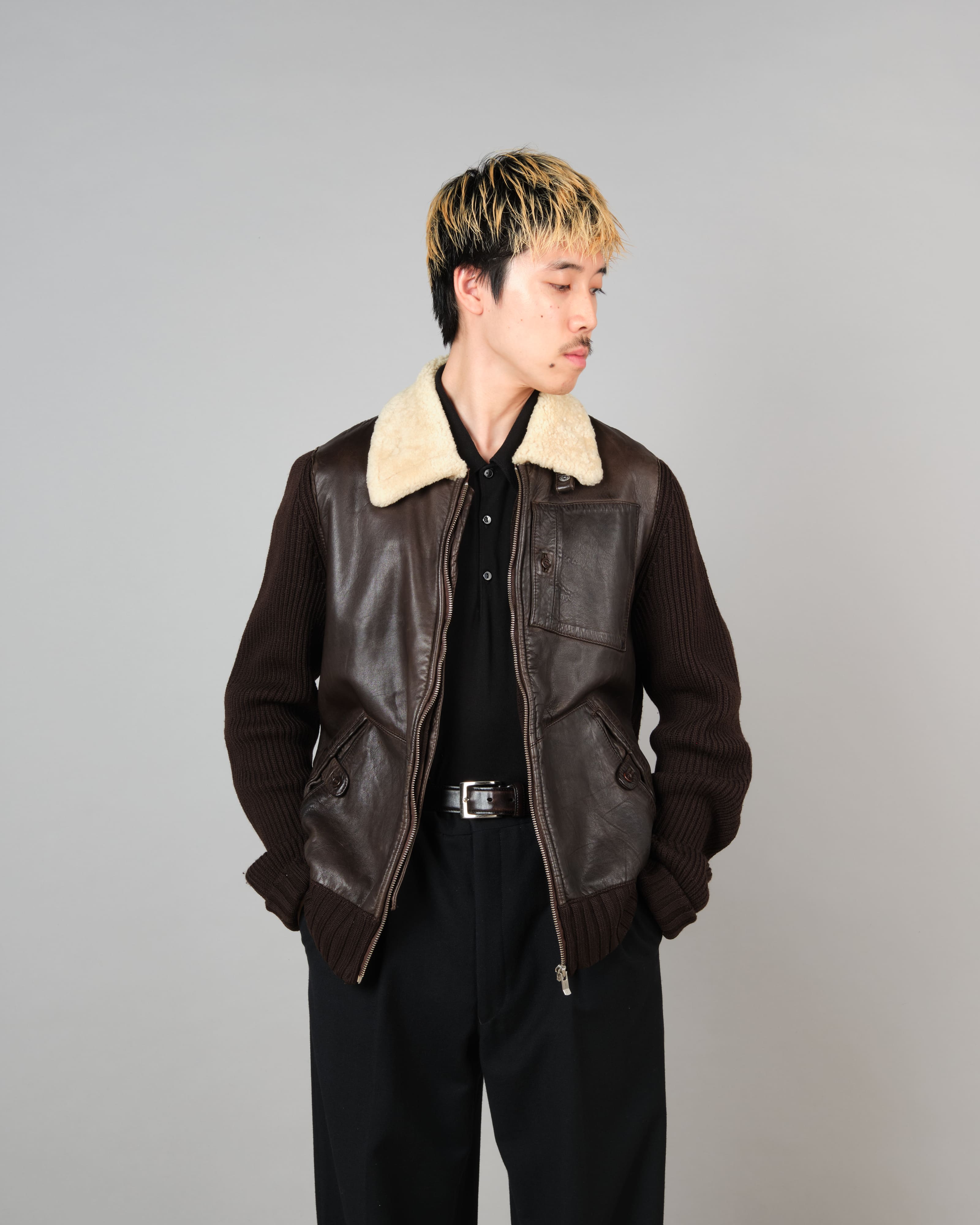 [06AW] Old C.P. Company Switching Leather Wool Zip Up Jacket Size.50