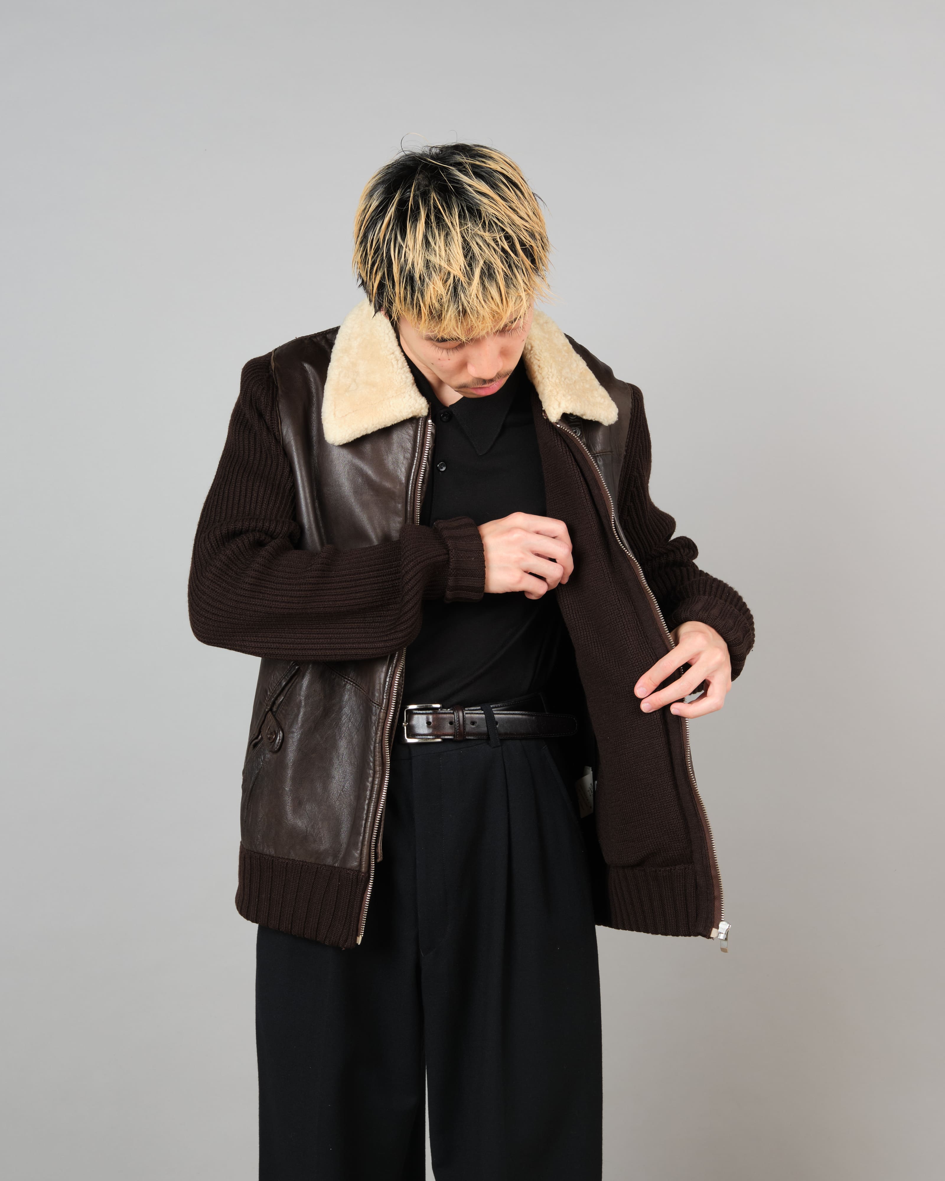 [06AW] Old C.P. Company Switching Leather Wool Zip Up Jacket Size.50